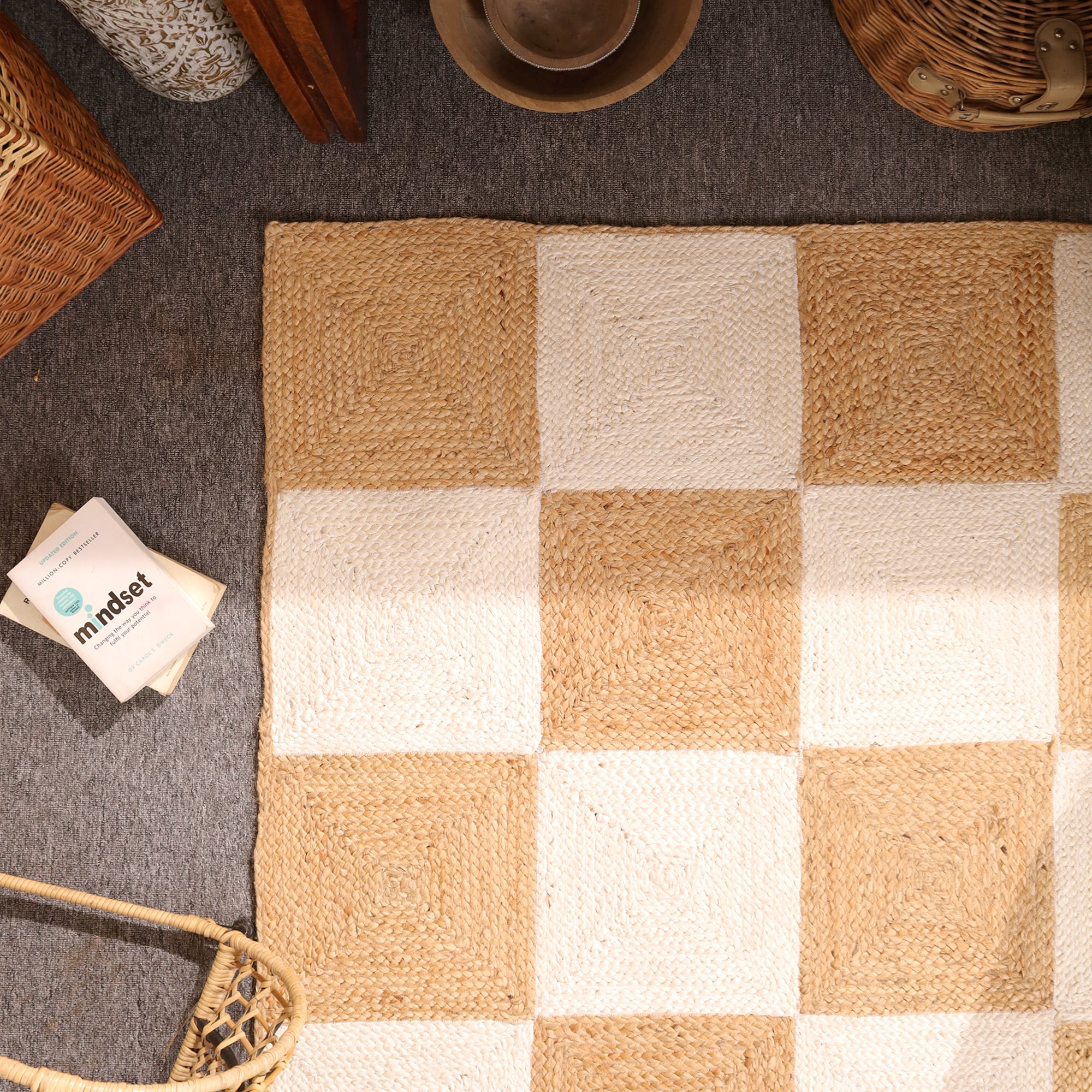 Handwoven Checkerboard Jute Area Rug – Natural & Ivory Handmade Boho Rug | Eco-Friendly Farmhouse Carpet