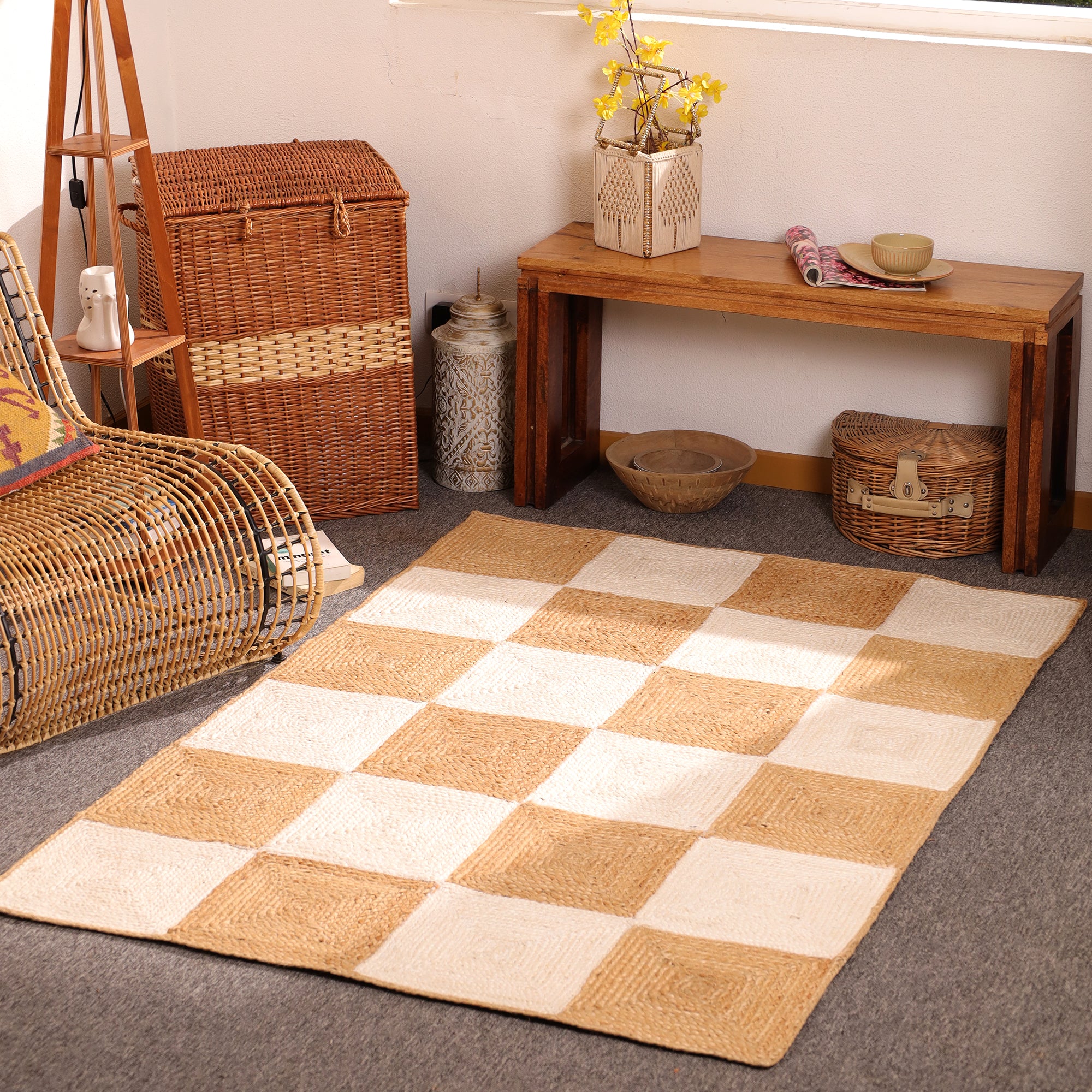 Handwoven Checkerboard Jute Area Rug – Natural & Ivory Handmade Boho Rug | Eco-Friendly Farmhouse Carpet