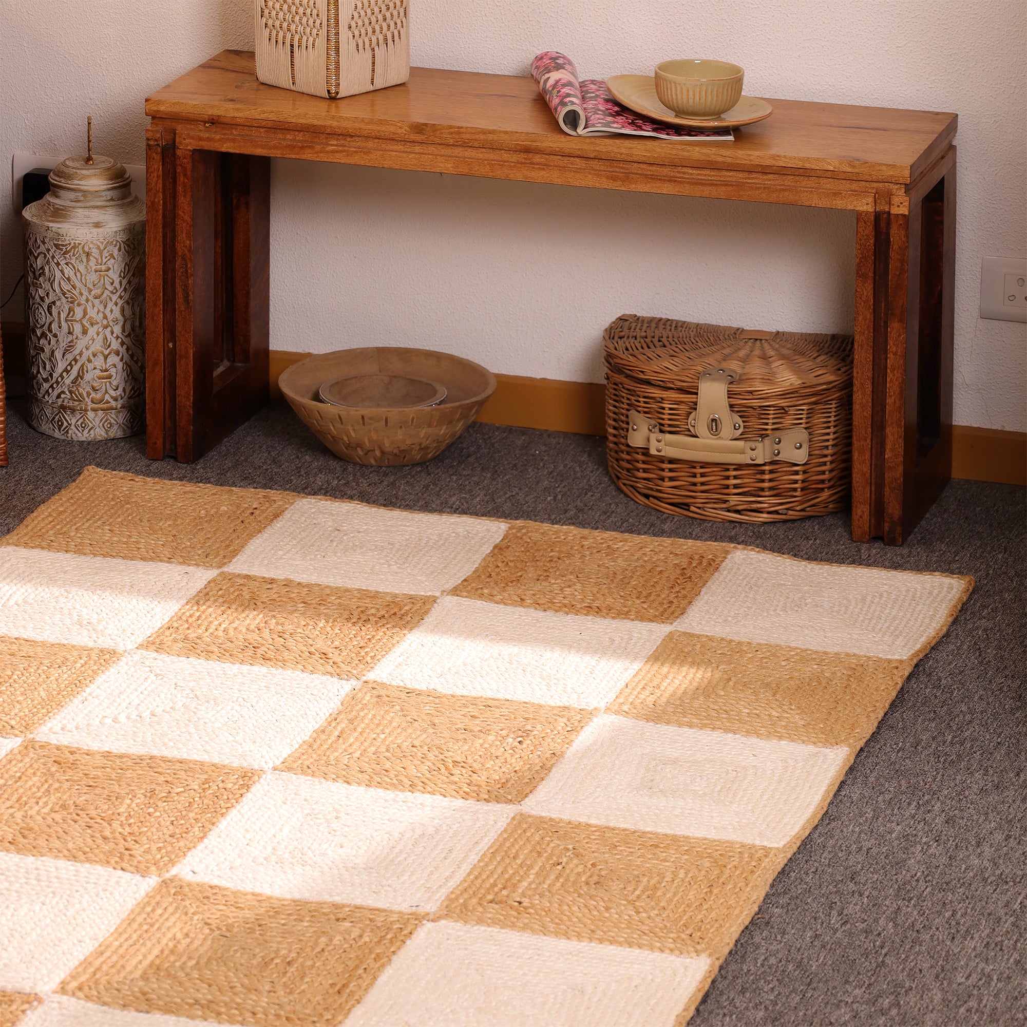 Handwoven Checkerboard Jute Area Rug – Natural & Ivory Handmade Boho Rug | Eco-Friendly Farmhouse Carpet