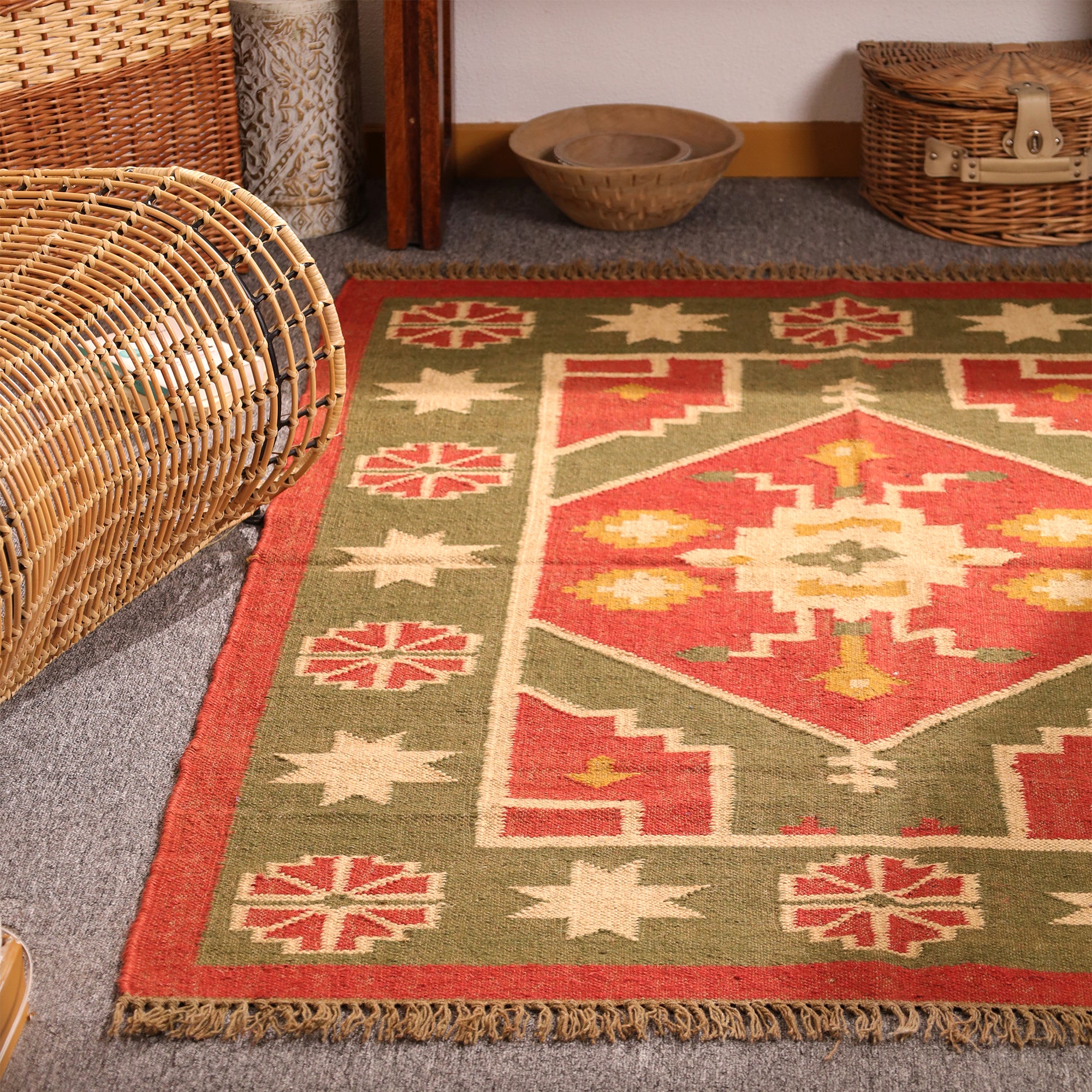 Handwoven Southwestern Kilim Rug – Handmade Tribal Wool Area Rug | Rustic Boho Geometric Flatweave Carpet