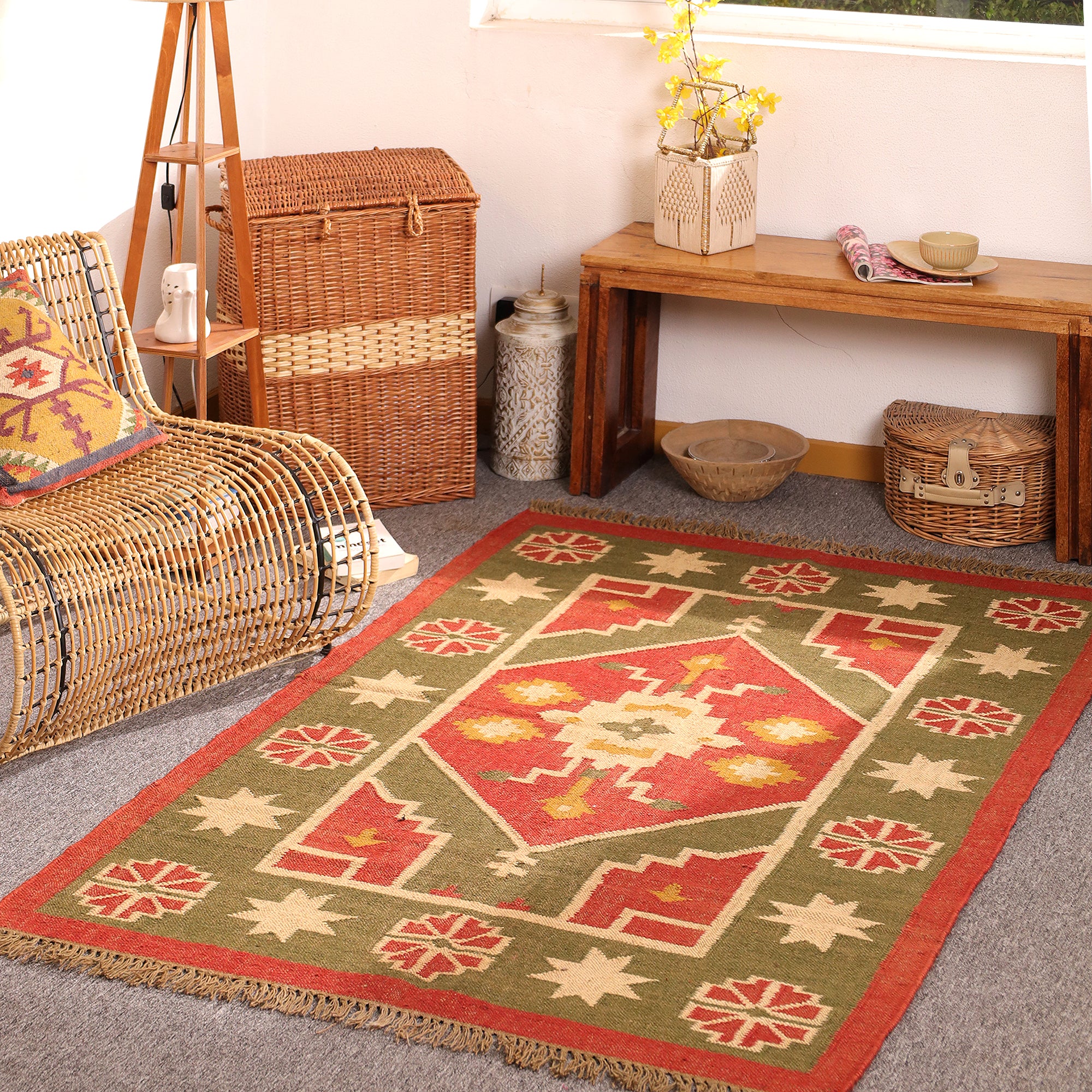 Handwoven Southwestern Kilim Rug – Handmade Tribal Wool Area Rug | Rustic Boho Geometric Flatweave Carpet
