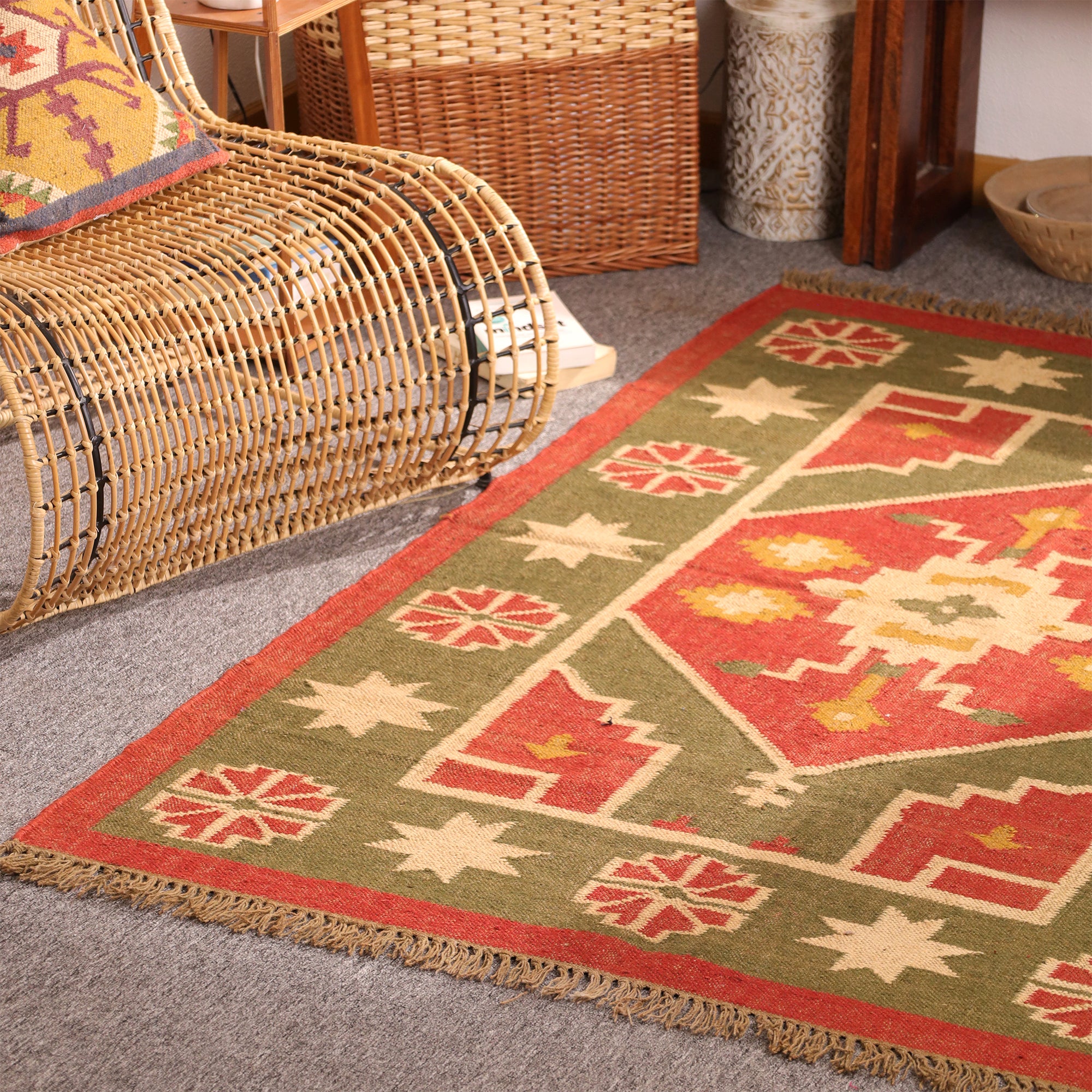 Handwoven Southwestern Kilim Rug – Handmade Tribal Wool Area Rug | Rustic Boho Geometric Flatweave Carpet