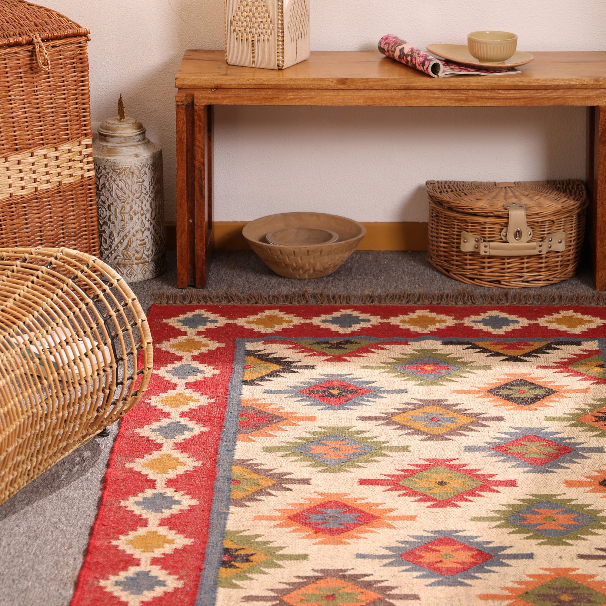 Handmade Red Kilim Area Rug - Wool Flateweave Geometric Tribal Carpet for Living Room