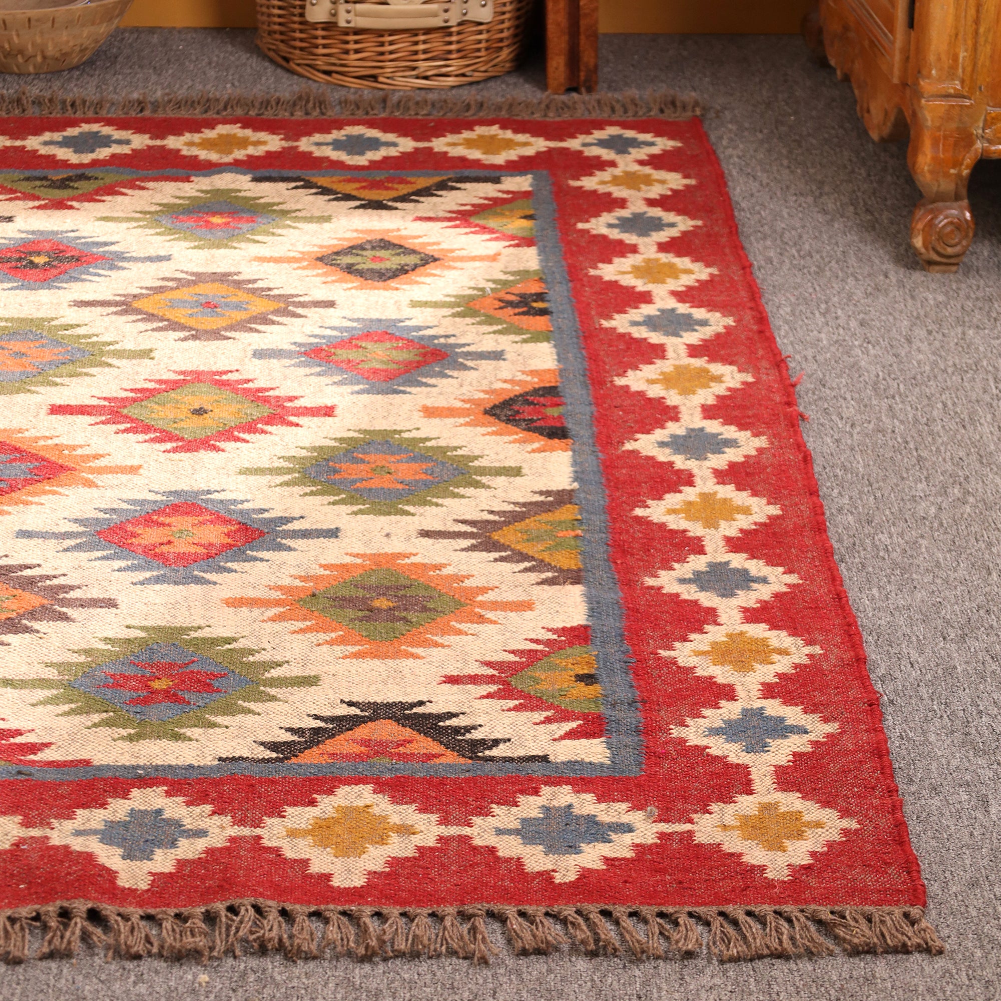 Handmade Red Kilim Area Rug - Wool Flateweave Geometric Tribal Carpet for Living Room