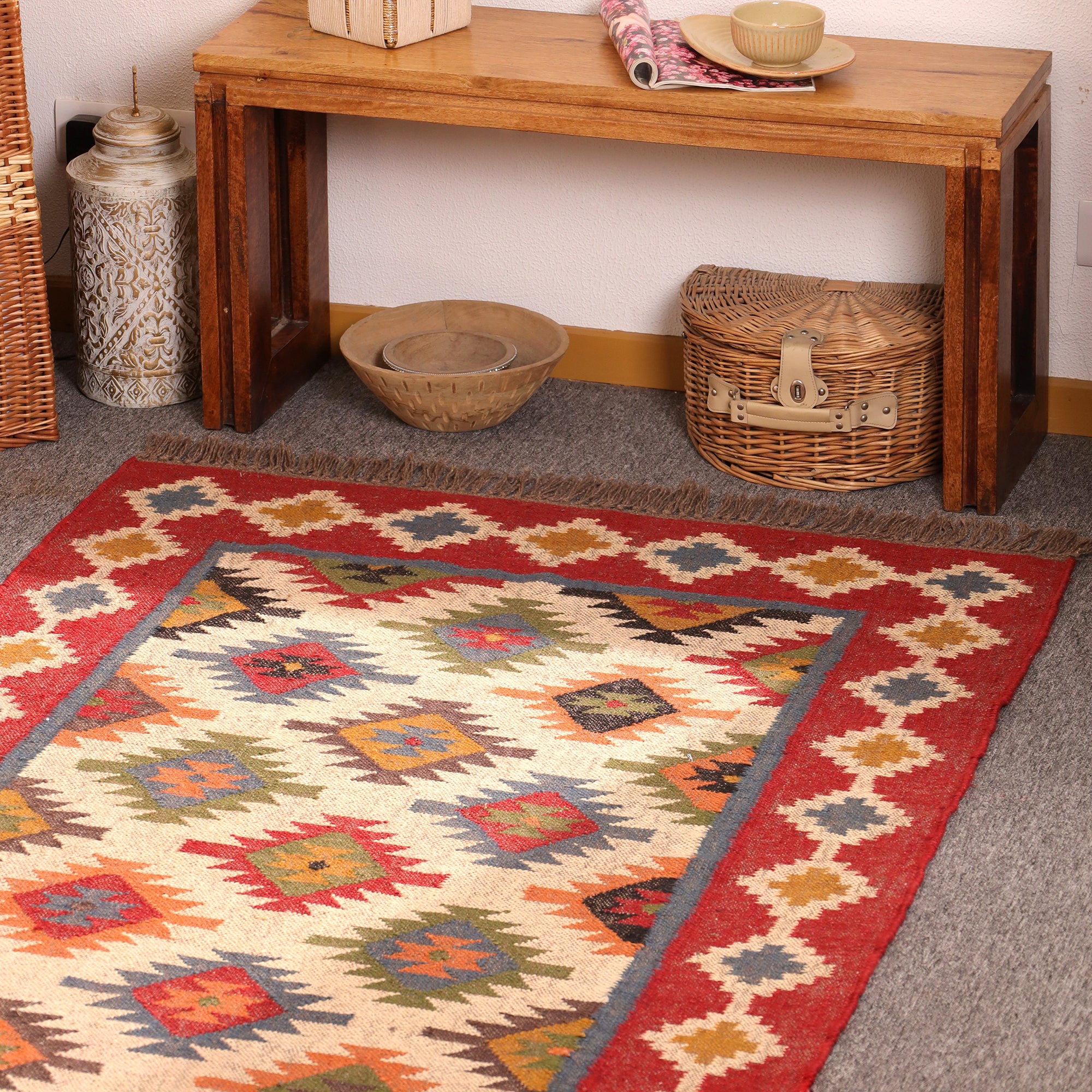Handmade Red Kilim Area Rug - Wool Flateweave Geometric Tribal Carpet for Living Room
