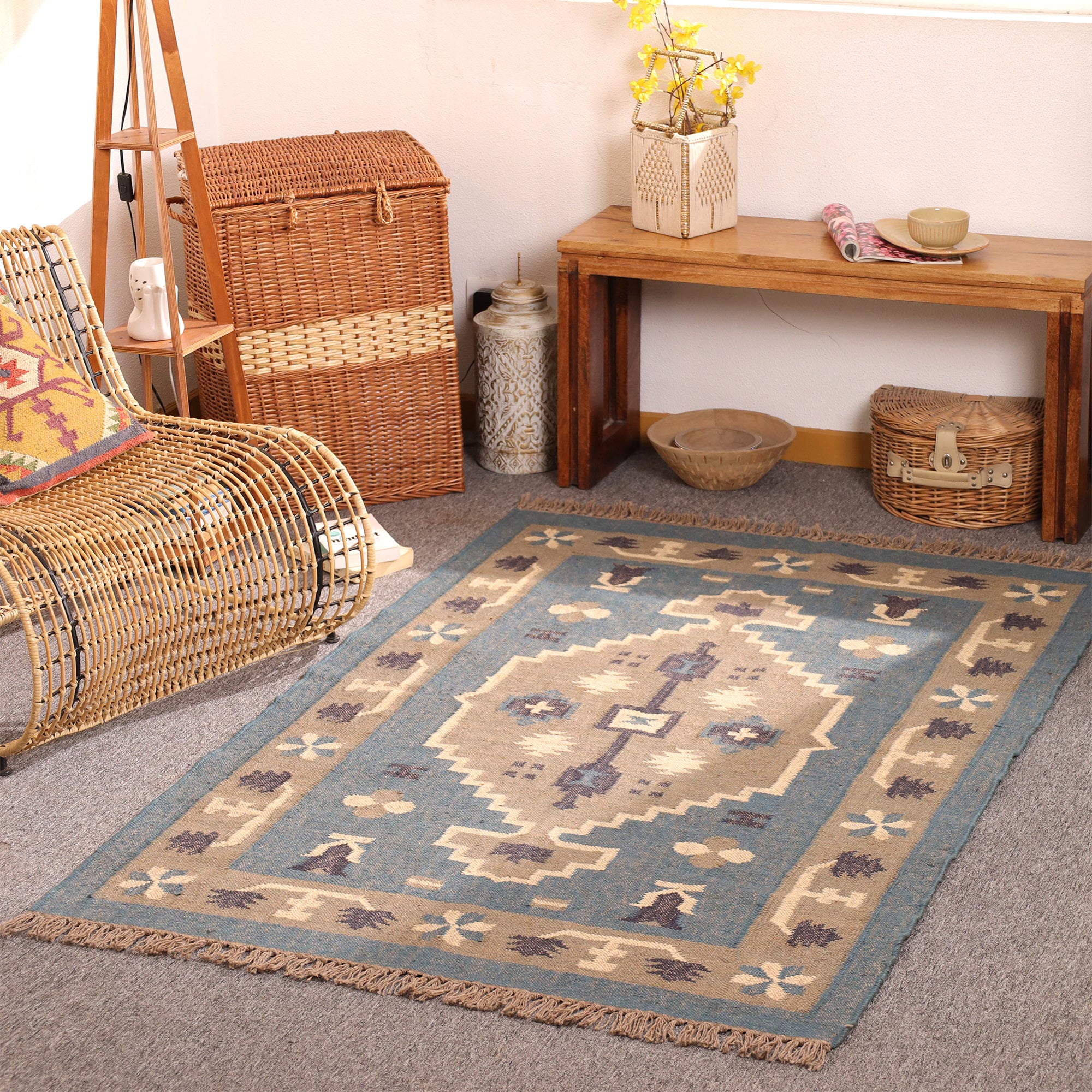 Handmade Blue Kilim Area Rug Wool Flatweave Tribal Geometric Carpet for Living Room