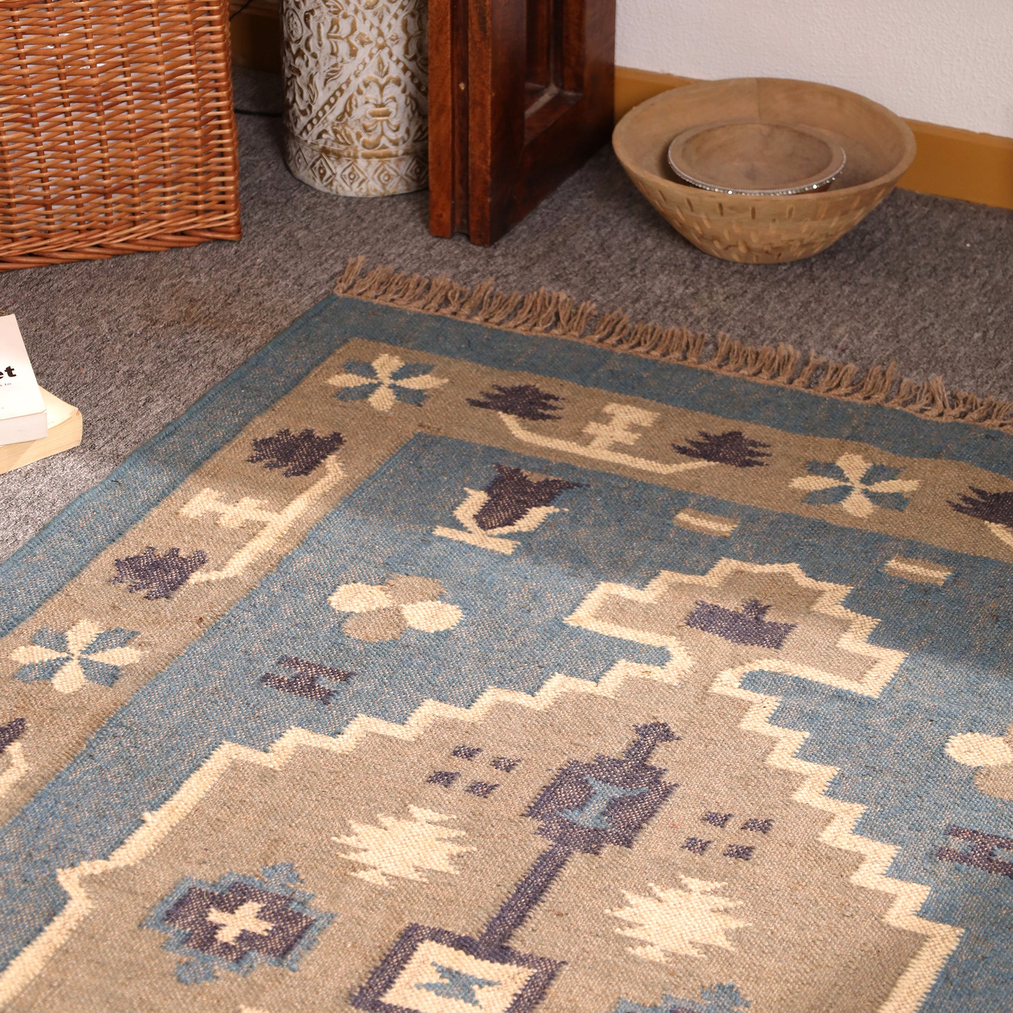 Handmade Blue Kilim Area Rug Wool Flatweave Tribal Geometric Carpet for Living Room