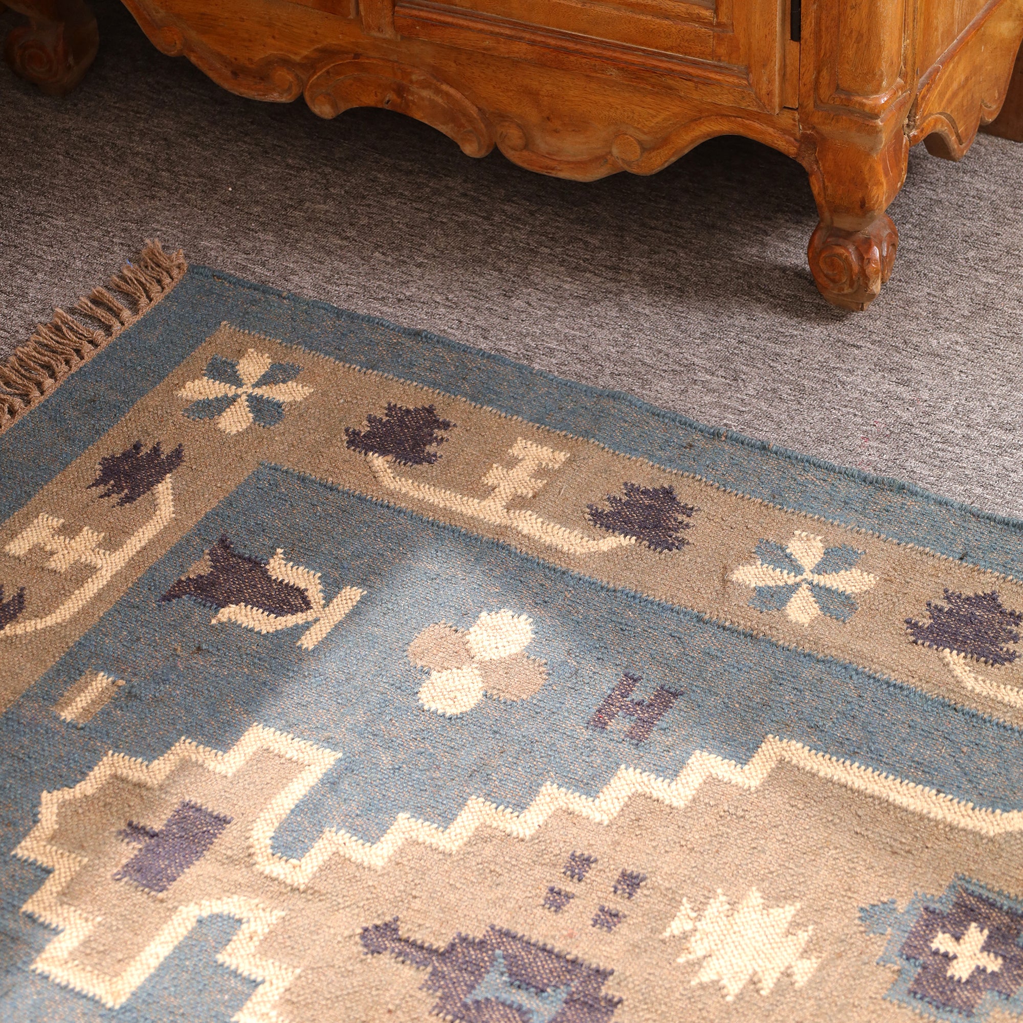 Handmade Blue Kilim Area Rug Wool Flatweave Tribal Geometric Carpet for Living Room