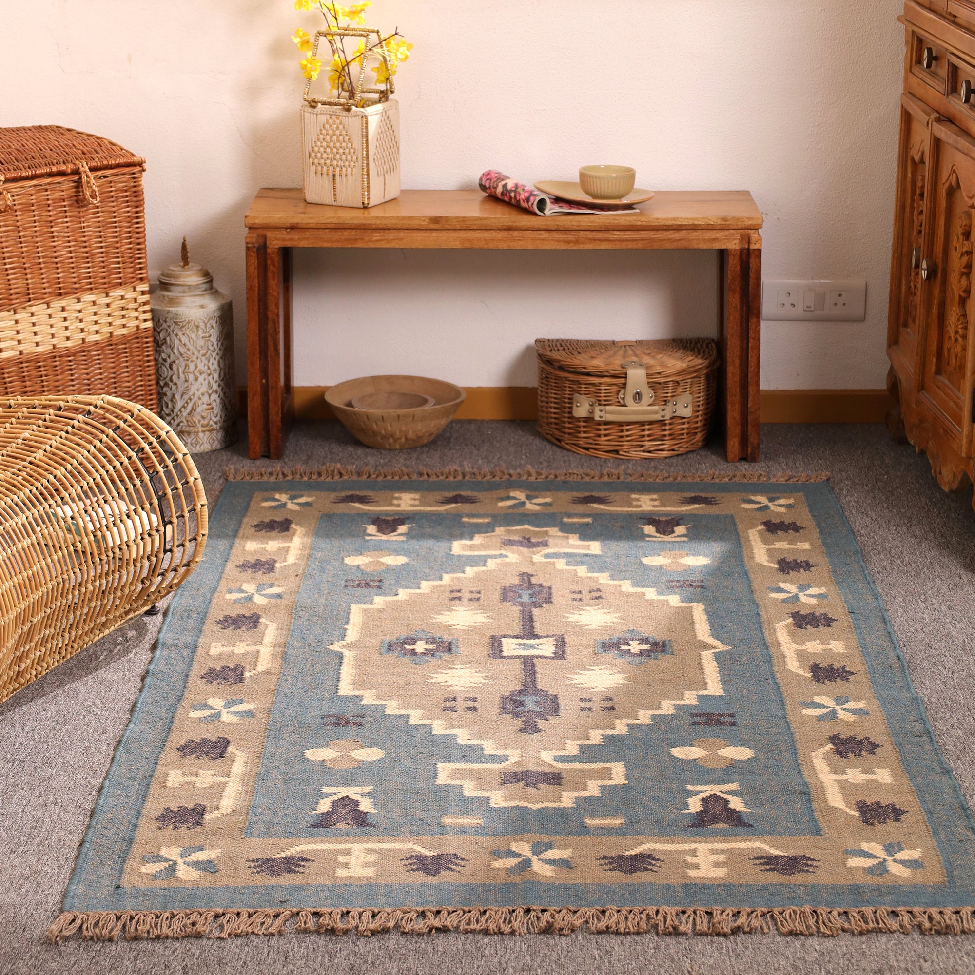 Handmade Blue Kilim Area Rug Wool Flatweave Tribal Geometric Carpet for Living Room