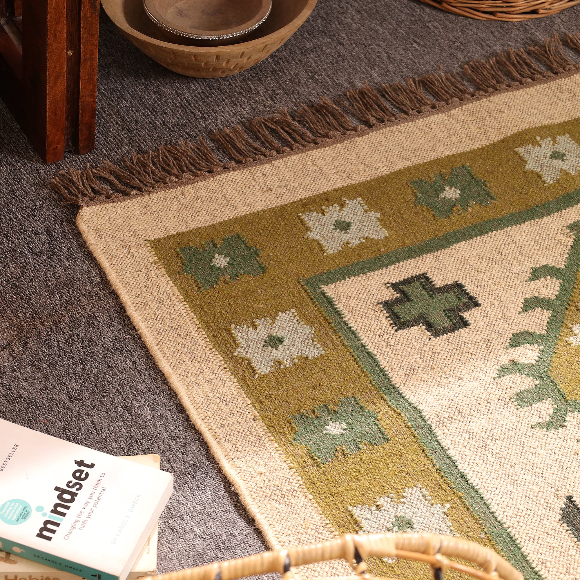 Handwoven Green Kilim Rug Boho Tribal Wool Area Rug
