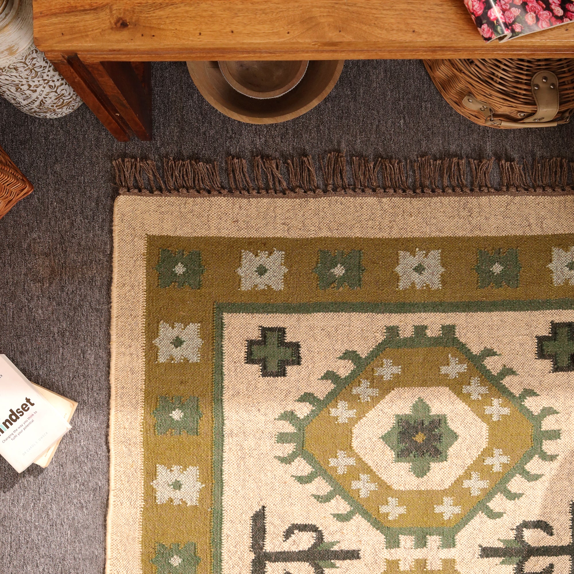 Handwoven Green Kilim Rug Boho Tribal Wool Area Rug