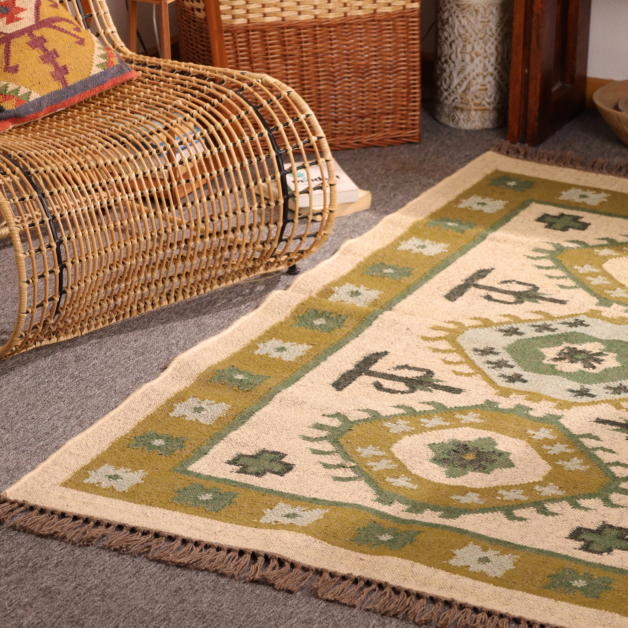 Handwoven Green Kilim Rug Boho Tribal Wool Area Rug