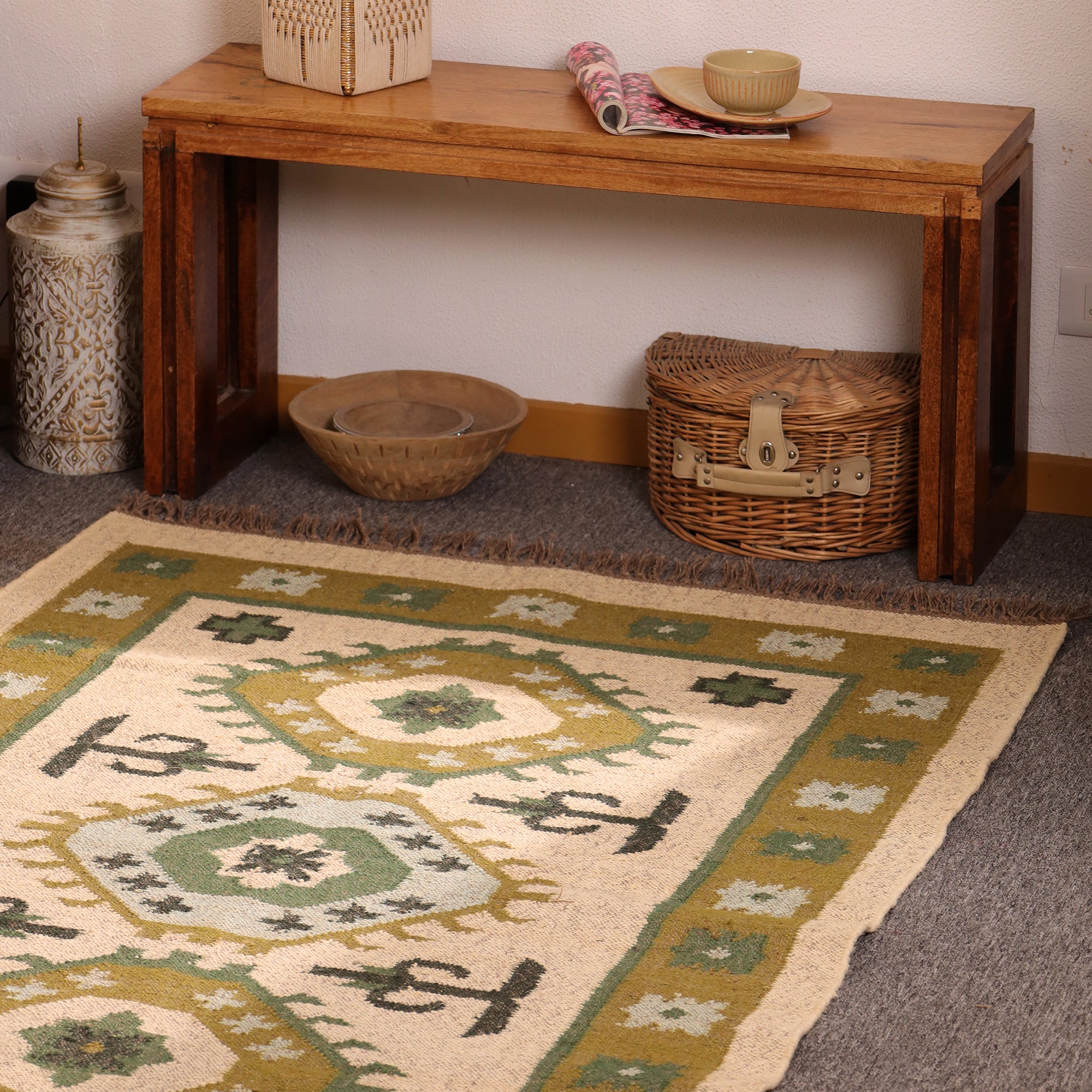 Handwoven Green Kilim Rug Boho Tribal Wool Area Rug