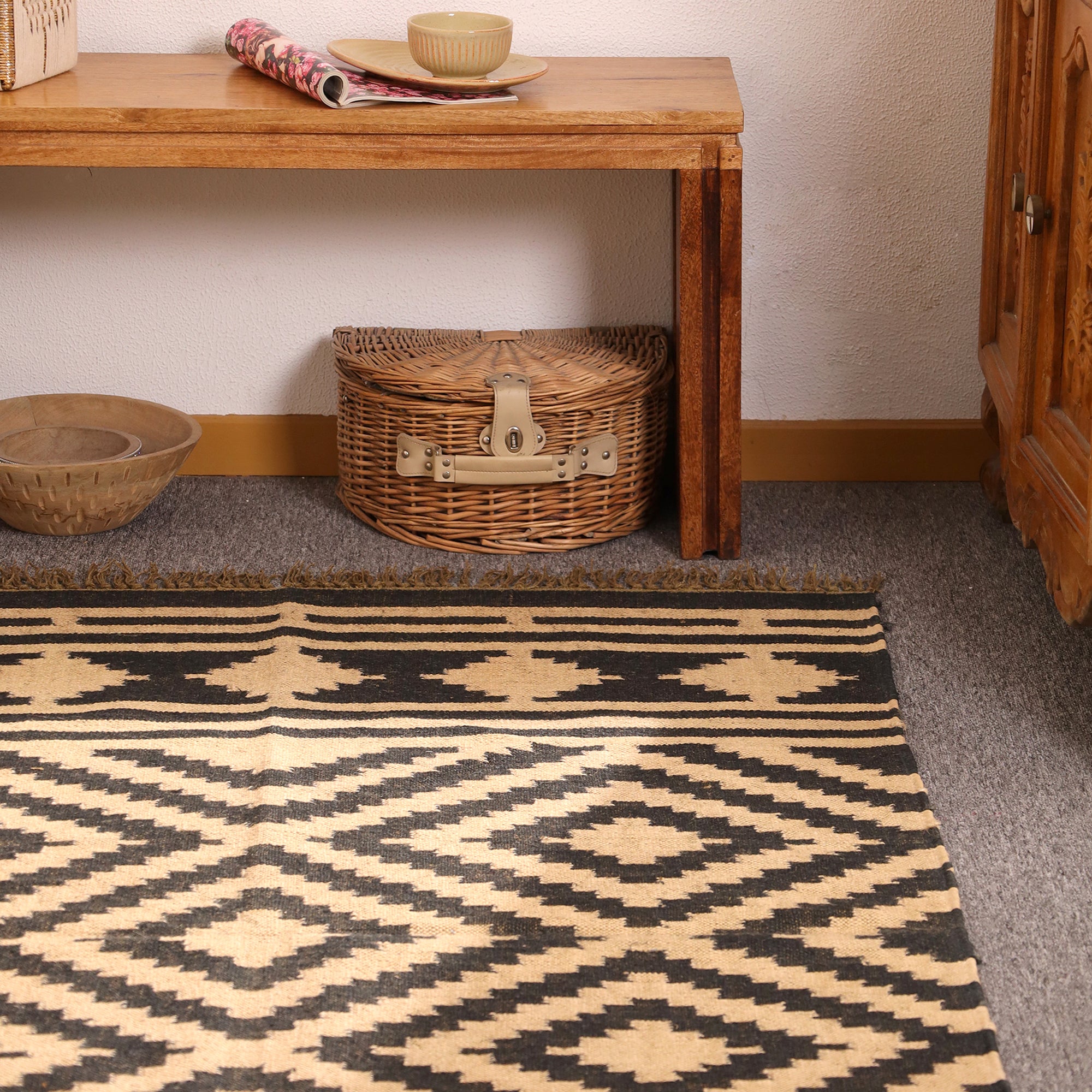 Handwoven Black & Natural Kilim Rug - Handmade Geometric Wool Area Rug