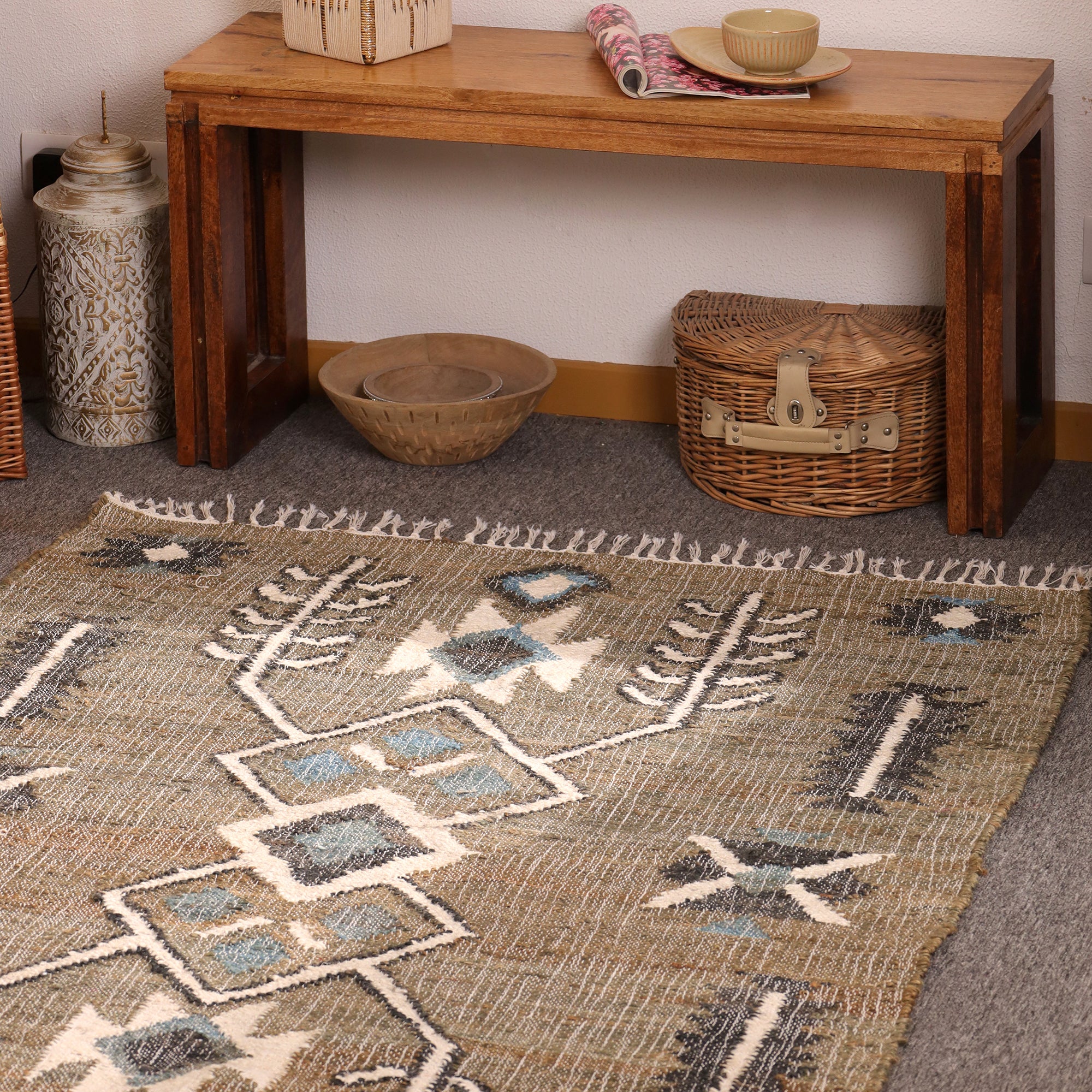 Handwoven Boho Kilim Area Rug - Beige Blue Geometric Cotton Flatweave Rug