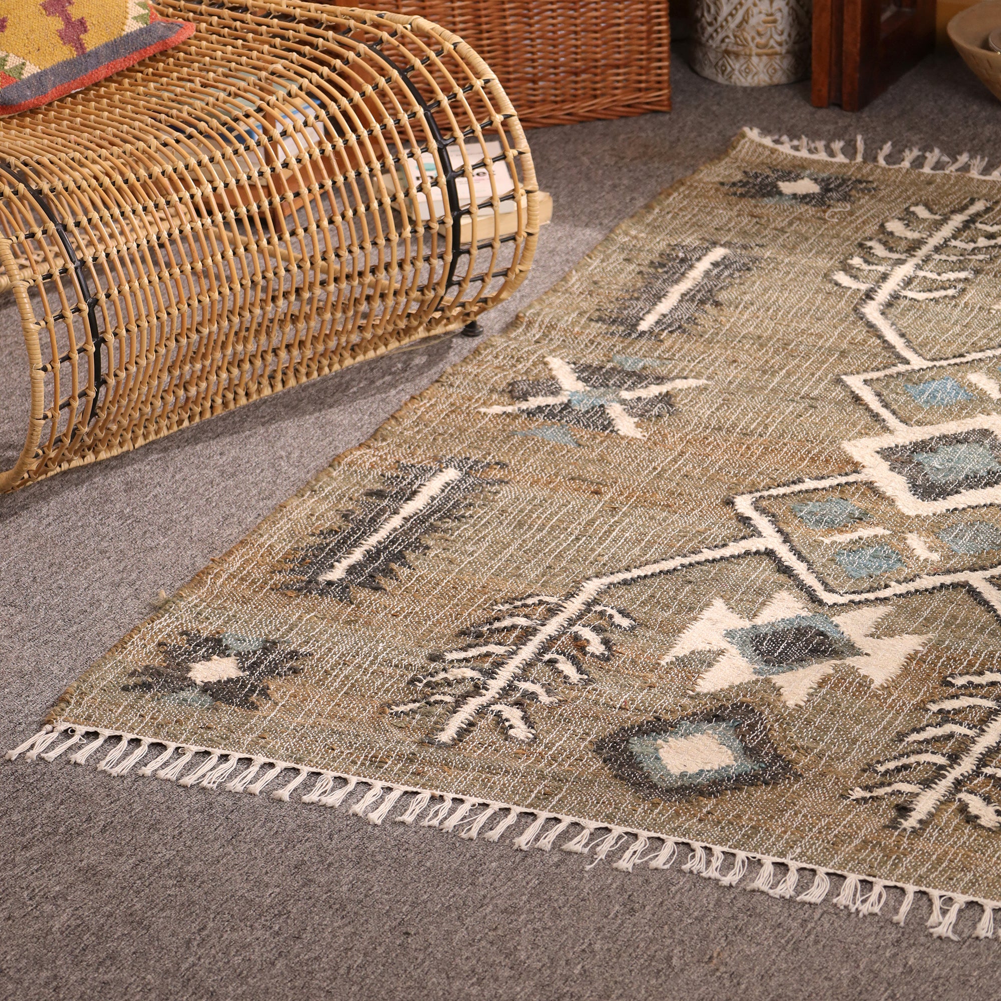 Handwoven Boho Kilim Area Rug - Beige Blue Geometric Cotton Flatweave Rug