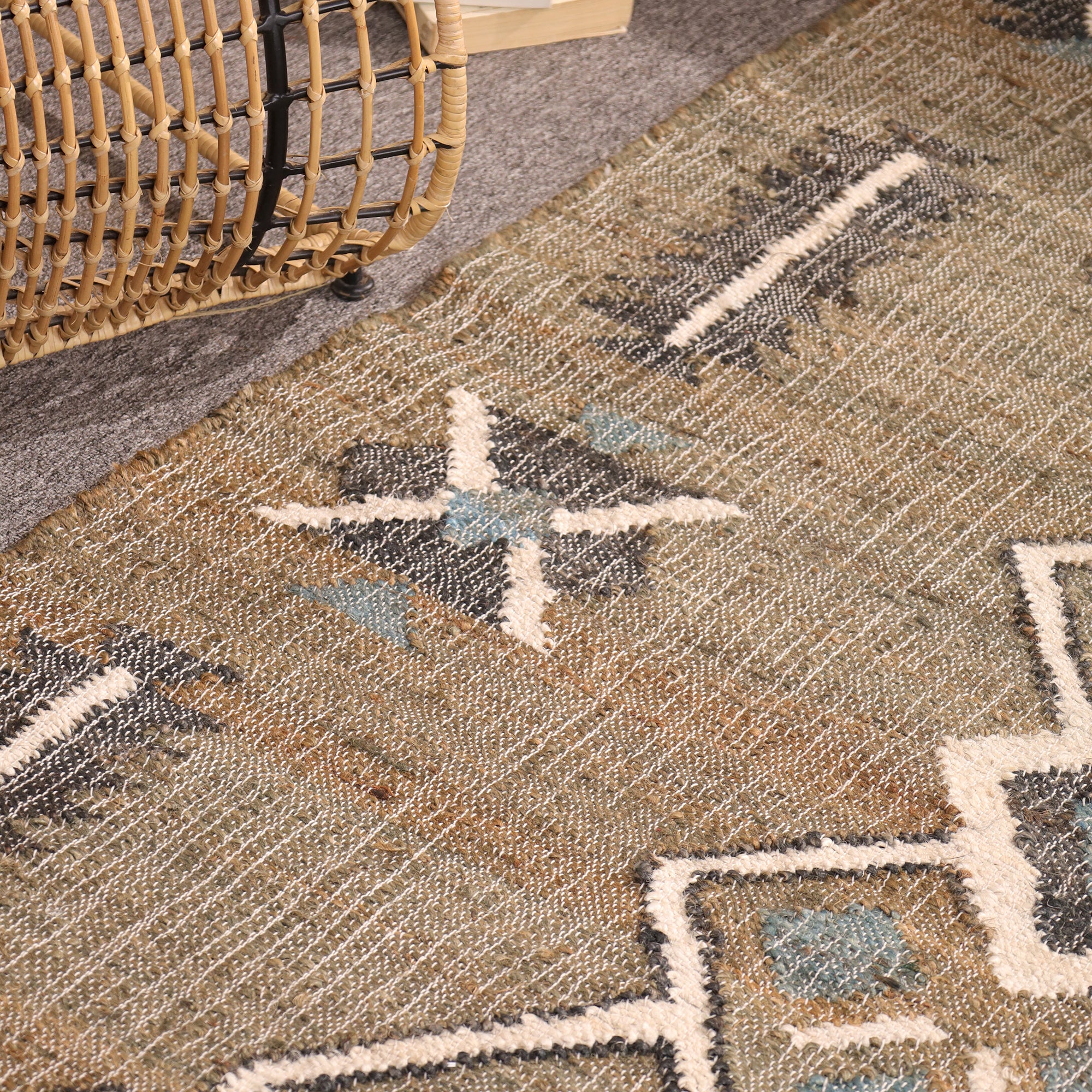 Handwoven Boho Kilim Area Rug - Beige Blue Geometric Cotton Flatweave Rug