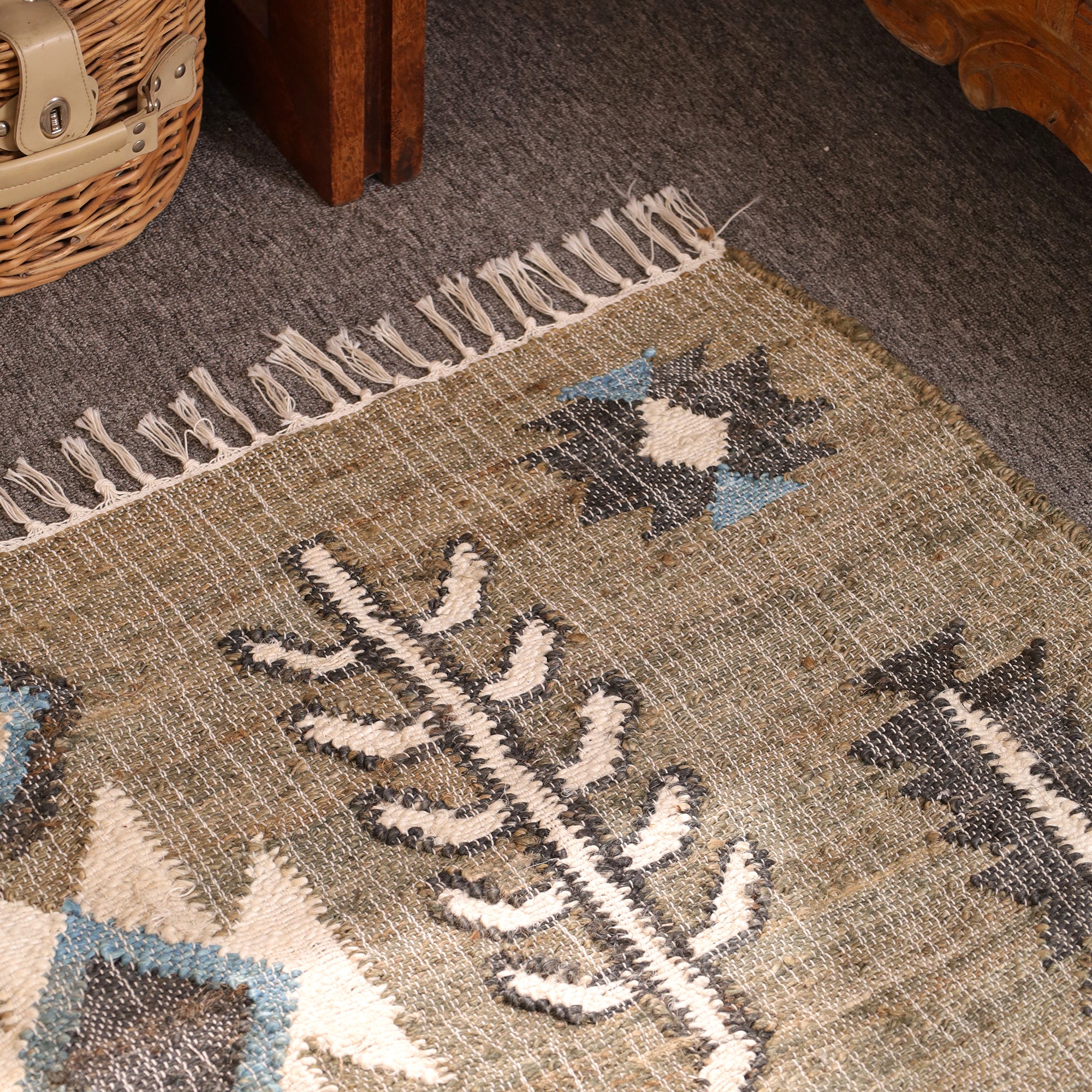 Handwoven Boho Kilim Area Rug - Beige Blue Geometric Cotton Flatweave Rug