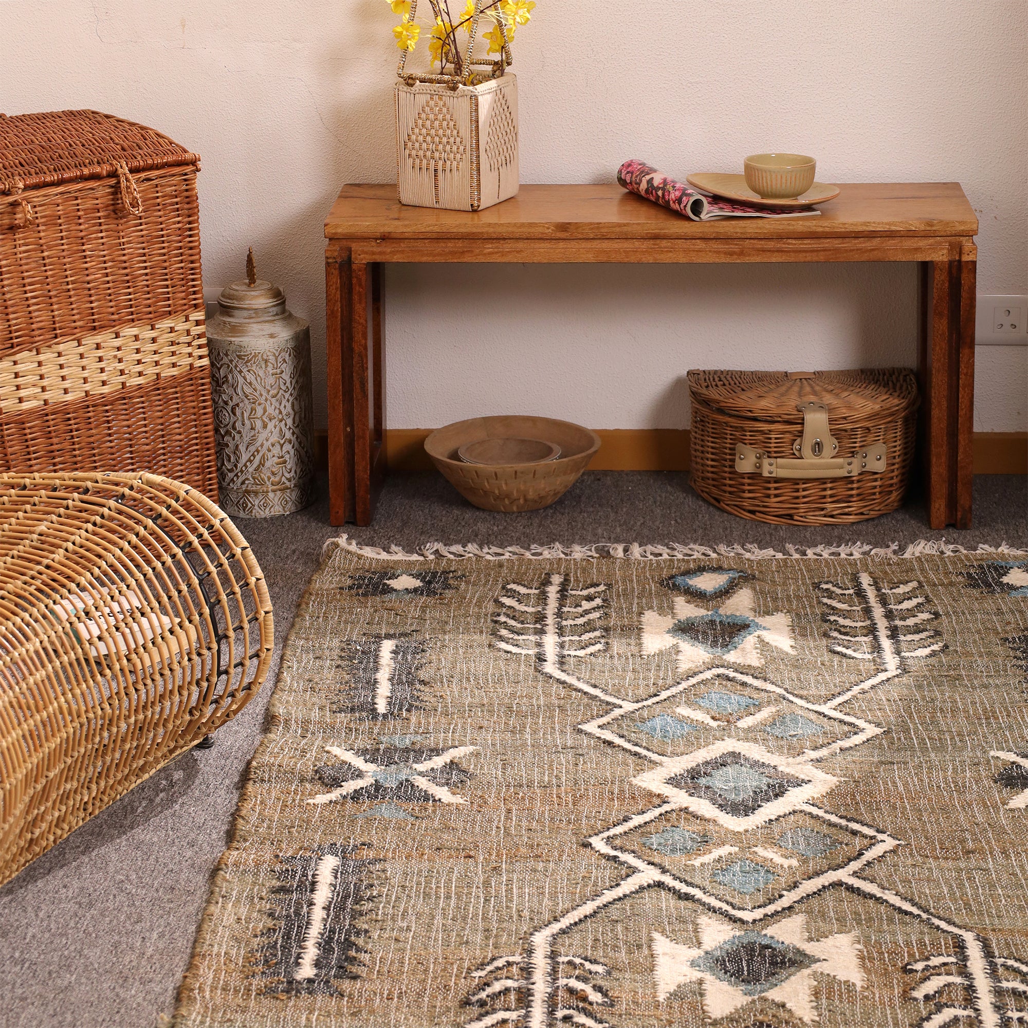 Handwoven Boho Kilim Area Rug - Beige Blue Geometric Cotton Flatweave Rug