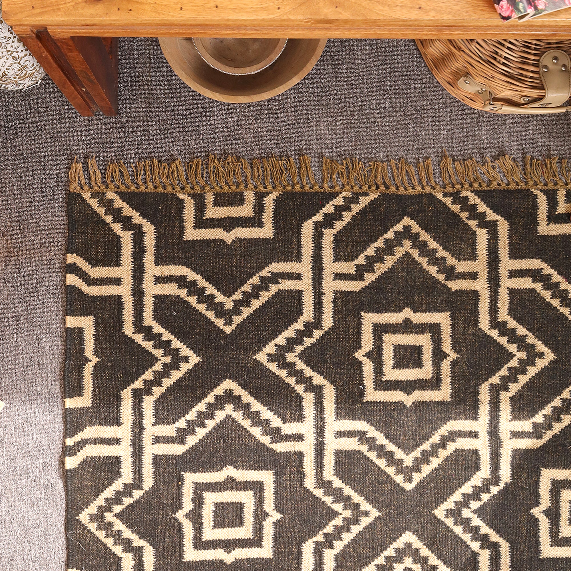 Handwoven Black Geometric Kilim Rug - Handmade Wool Area Rug Tribal Boho Living Room Carpet