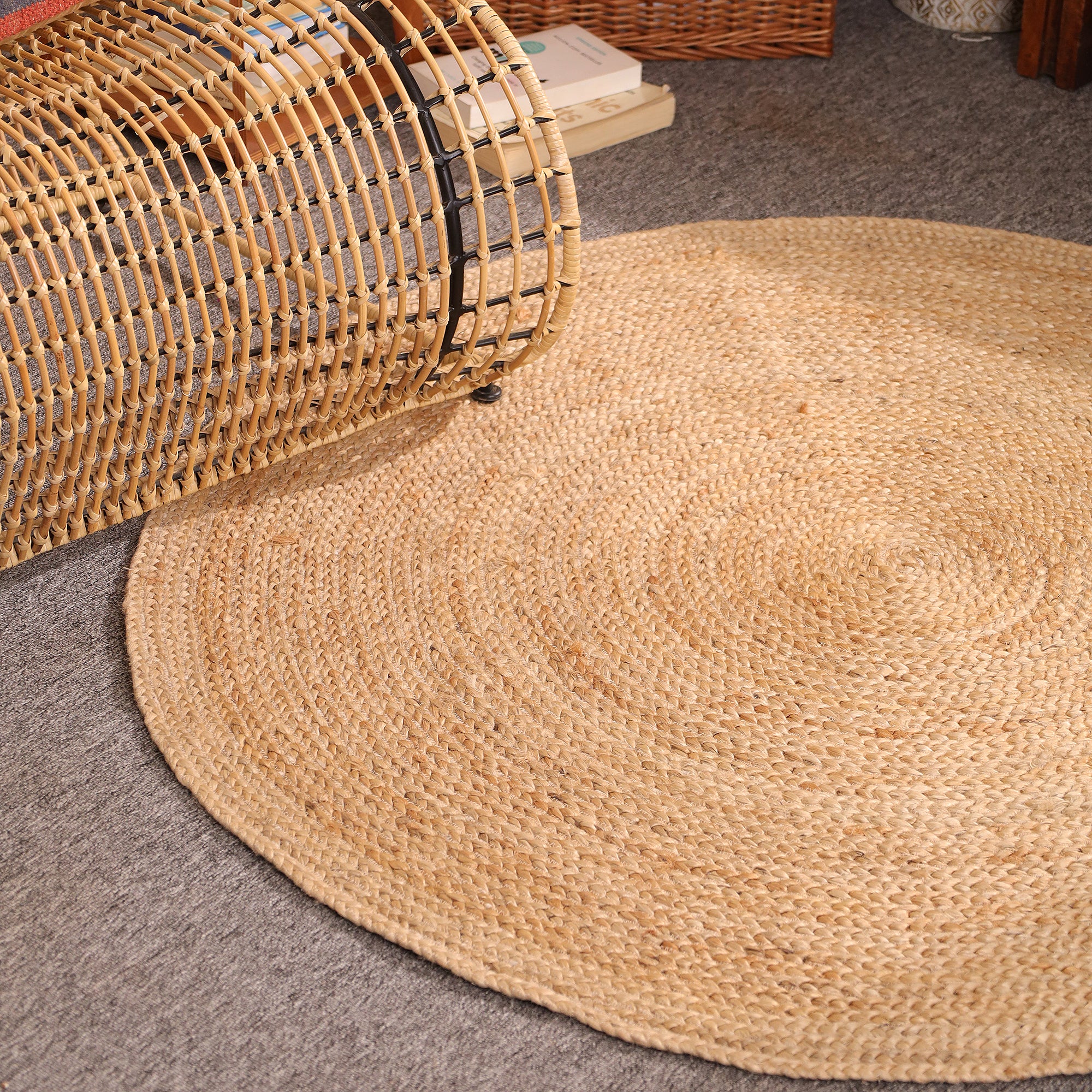 Natural Braided Jute Round Rug – Handmade Boho Farmhouse Floor Carpet