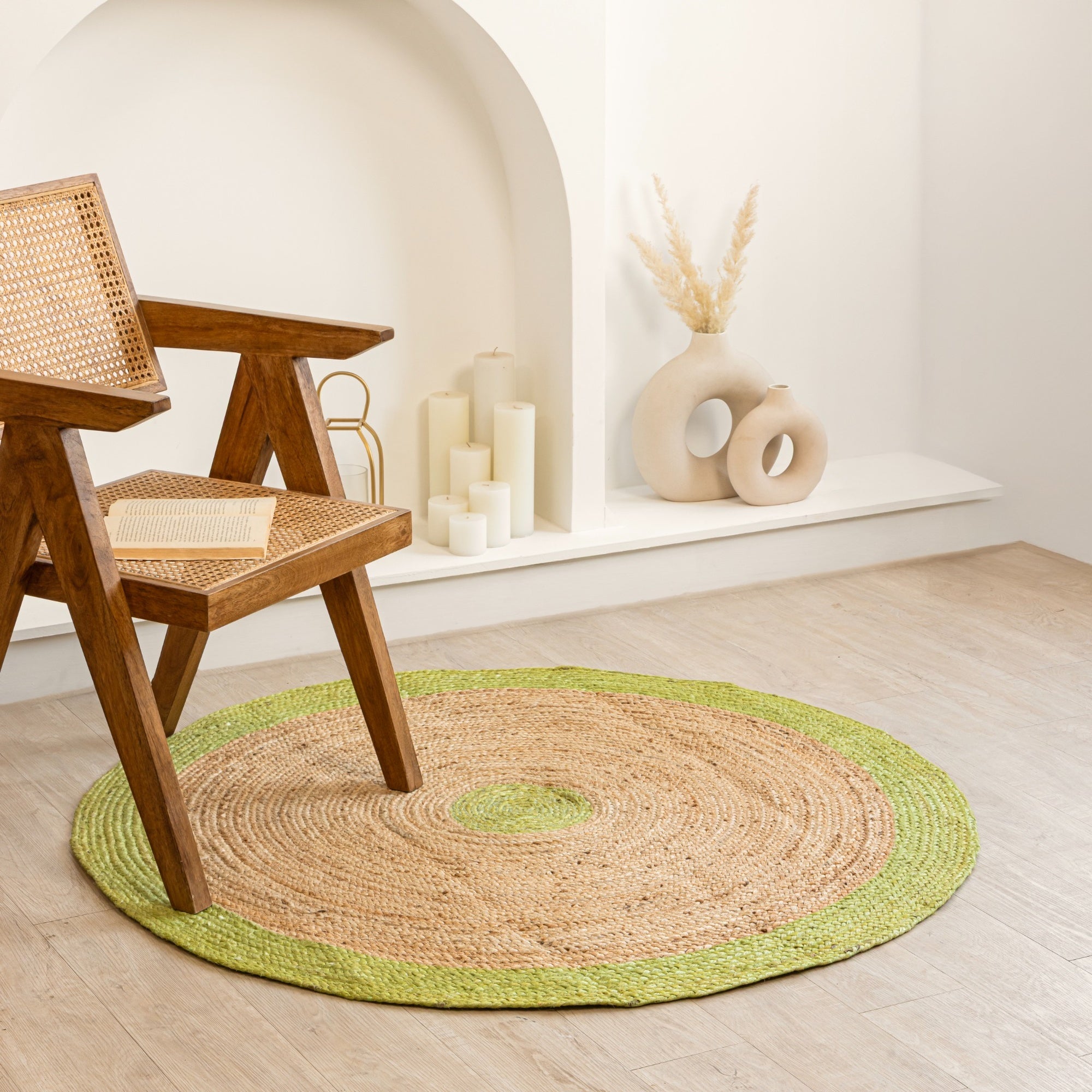 Handmade Round Jute Rug with Green Border Natural Braided Jute Area Rug For Living Room