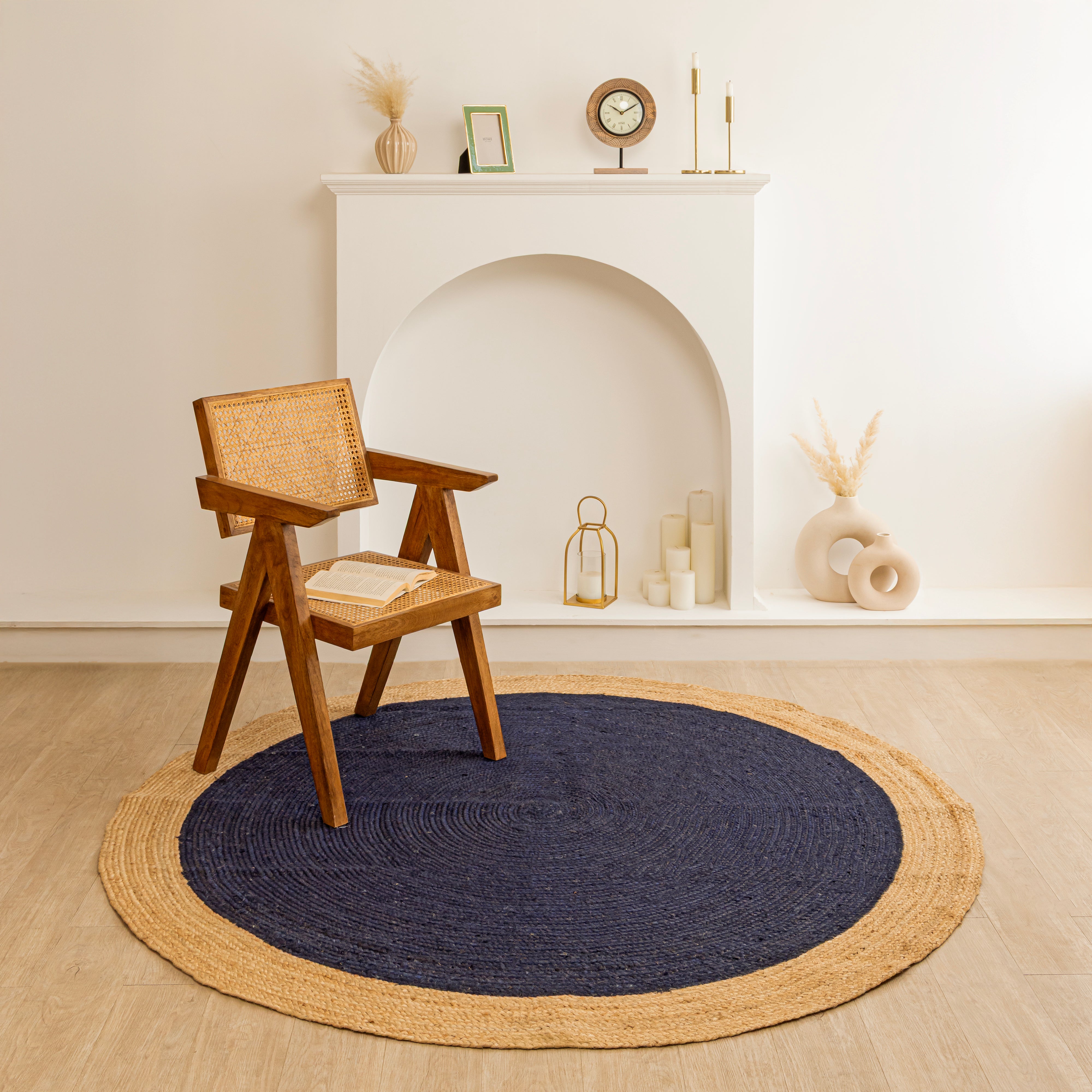 Handwoven Round Navy Blue Jute Rug Natural Braided Boho Area Rug Eco - Friendly Farmhouse  & Coastal Carpet