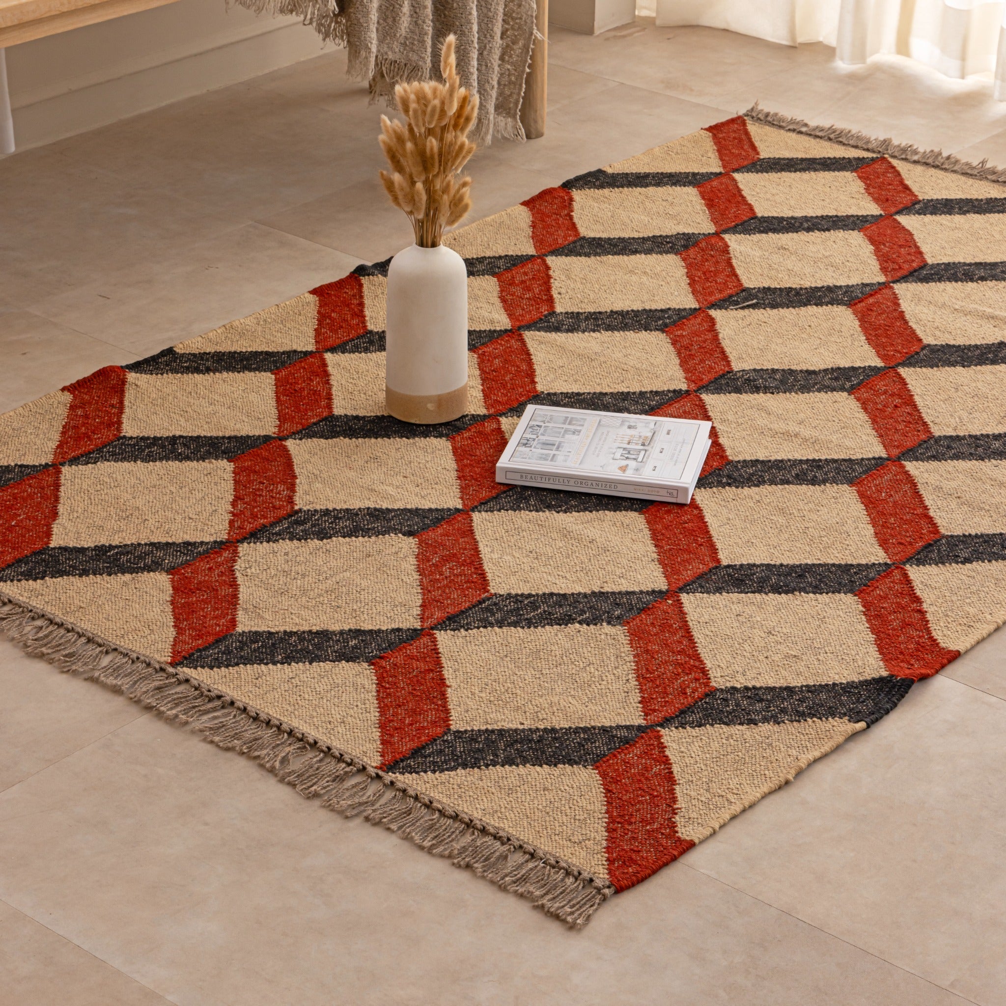 Geometric Diamond Flatweave Jute Area Rug Red, Black , and Beige Accent Carpet