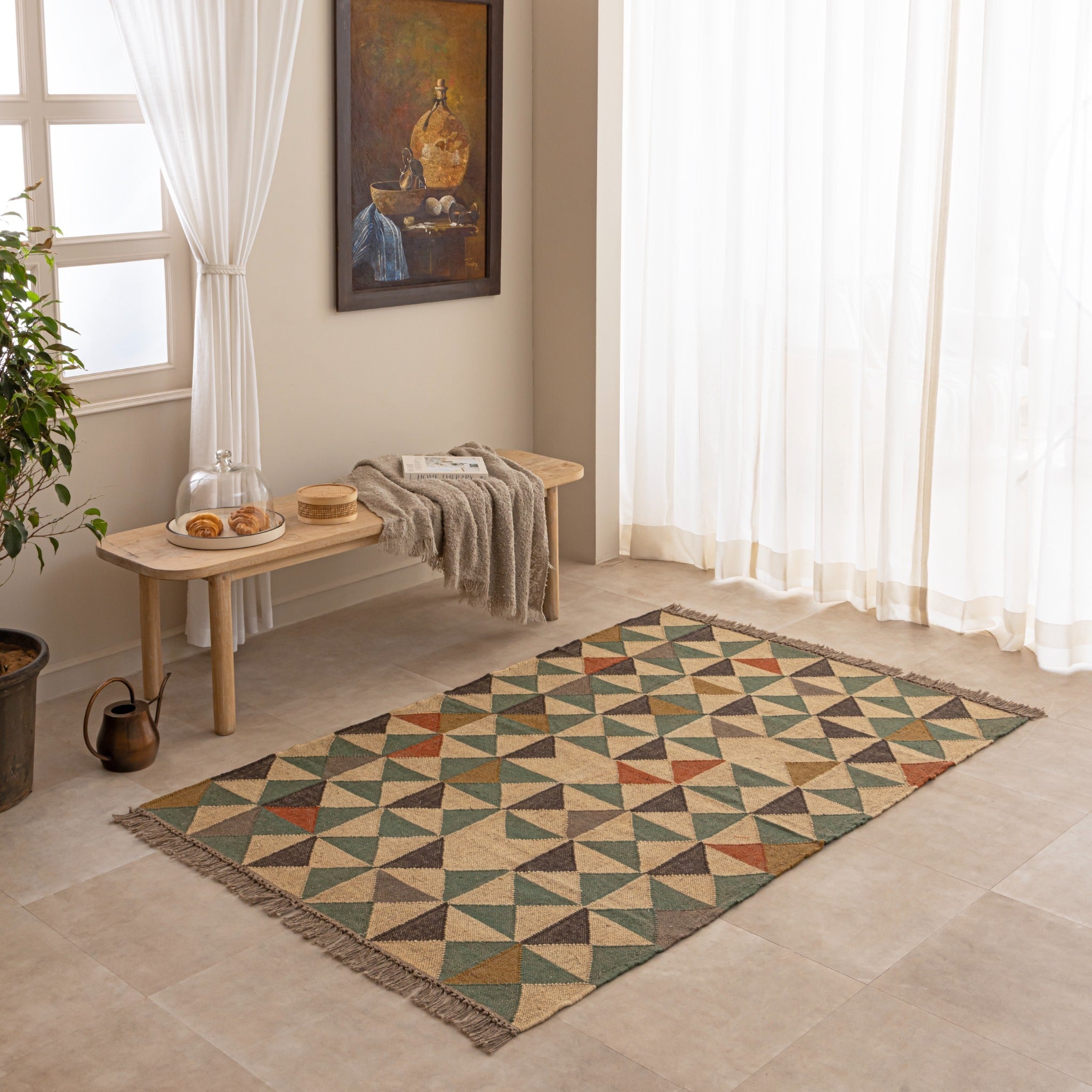 Handmade Geometric Jute Rug - Boho Tribal  Flatweave Area Rug with Fringe