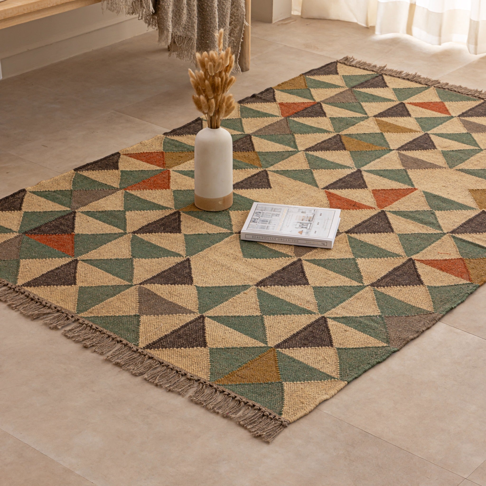 Handmade Geometric Jute Rug - Boho Tribal  Flatweave Area Rug with Fringe
