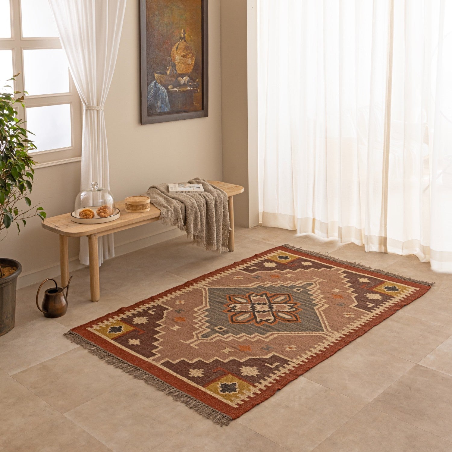 Handmade Cozy Rustic Home Interior with Traditional Patterned Area Rug
