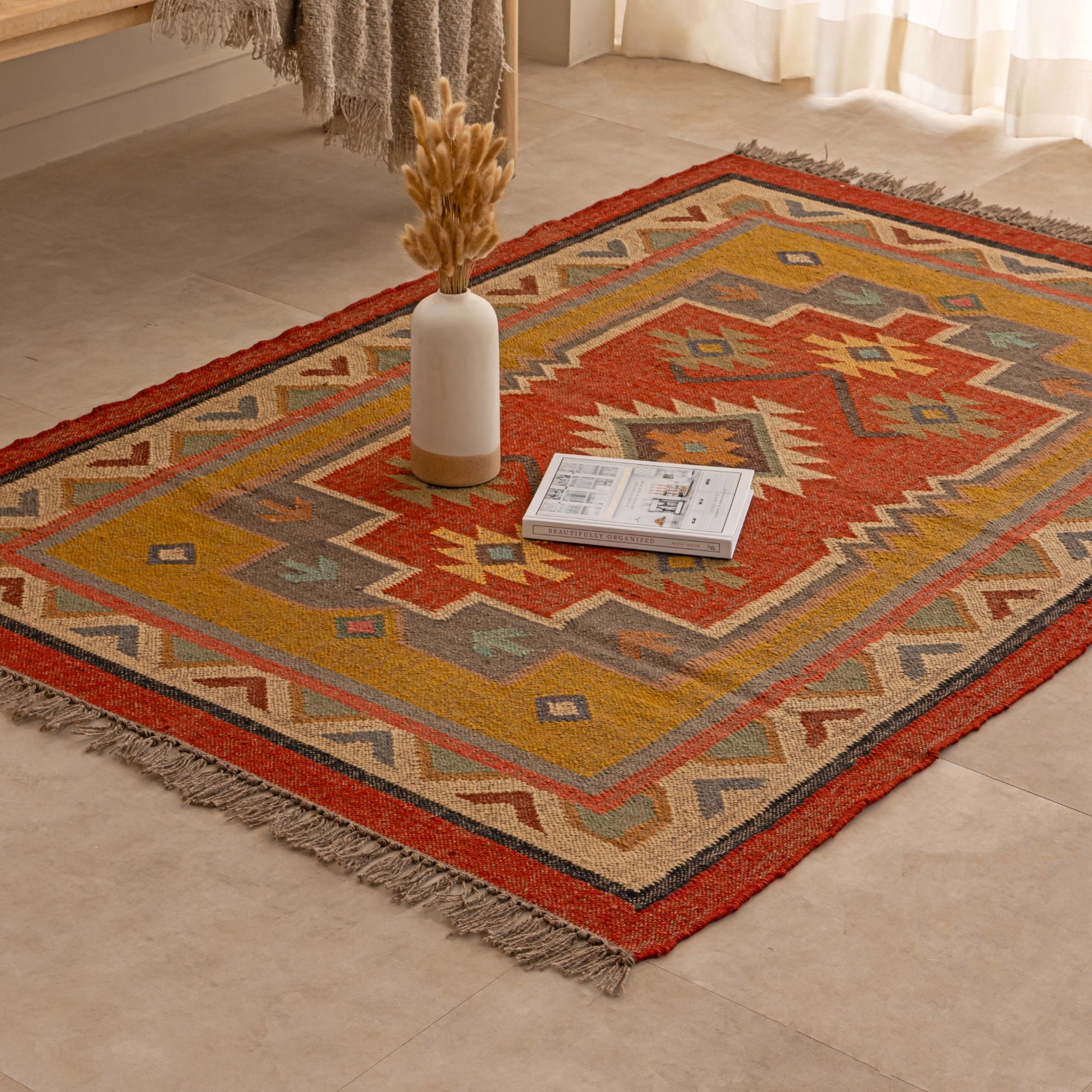 Handwoven Southwestern Kilim Rug Tribal Geometric Area Rug Boho Vintage Wool  Rug