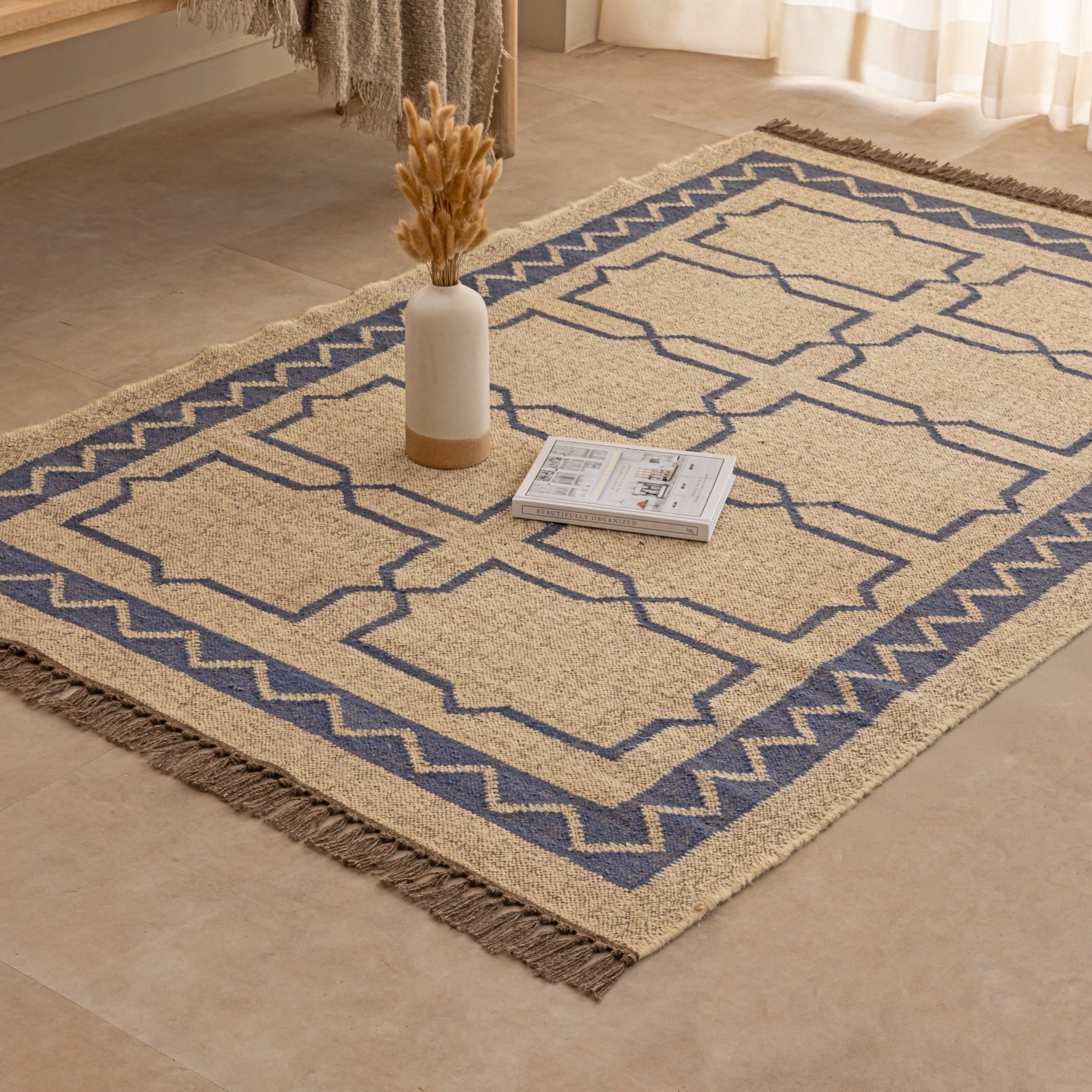 Handmade Blue & Beige Jute Rug - Geometric Moroccan Style Area Rug