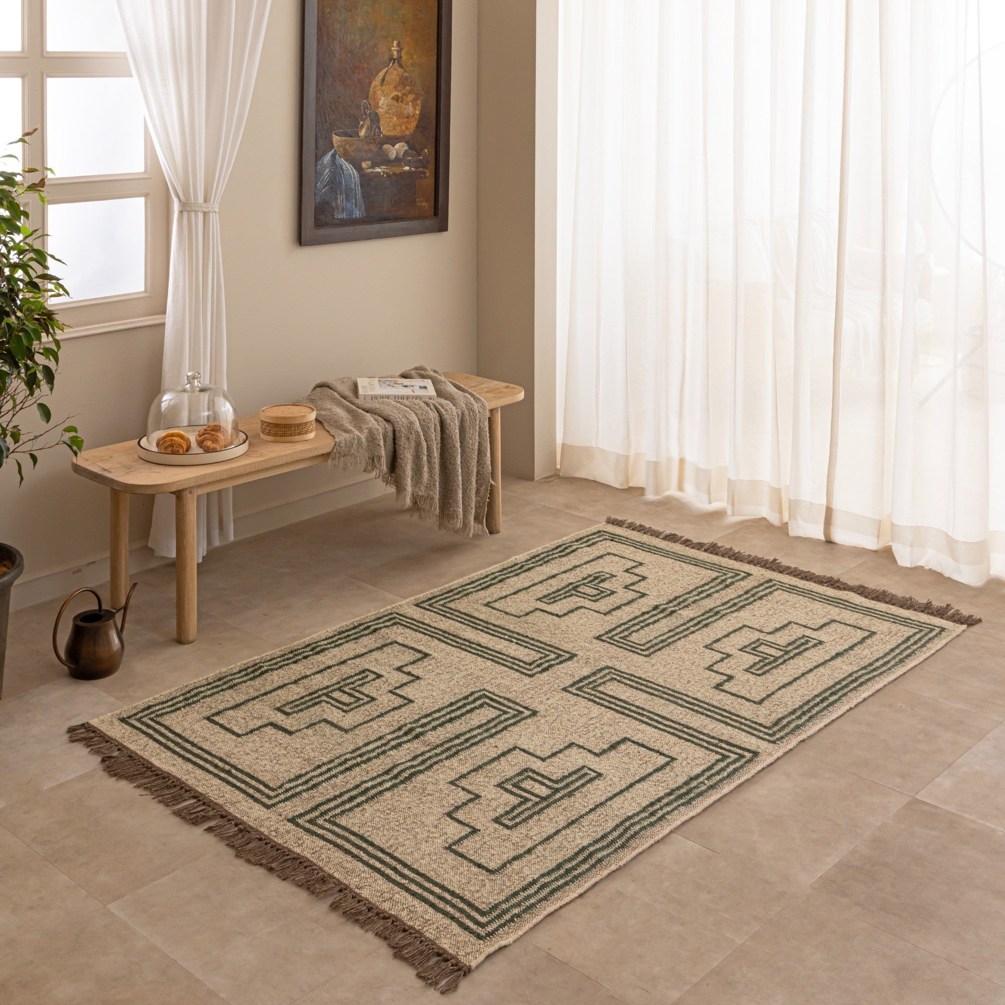 Handwoven Green Geometric Jute Rug Boho Southwestern Area Rug Natural Fiber Kilim Rug