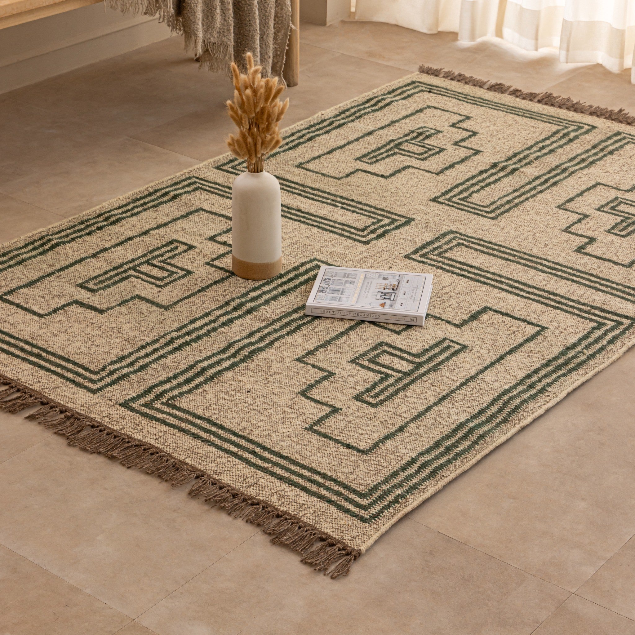 Handwoven Green Geometric Jute Rug Boho Southwestern Area Rug Natural Fiber Kilim Rug
