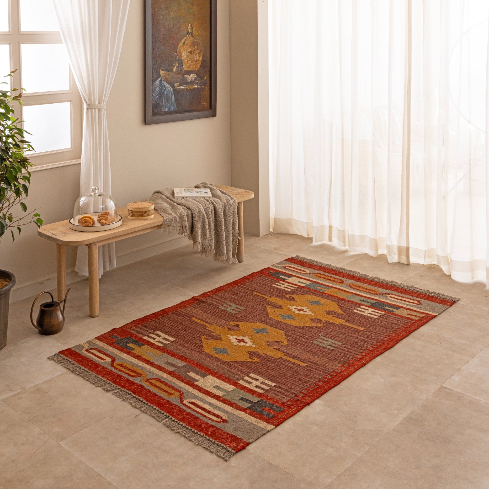 Handwoven Southwestern  Wool Jute Rug Boho Geometric Area Rug Rustic Tribal Kilim  Rug