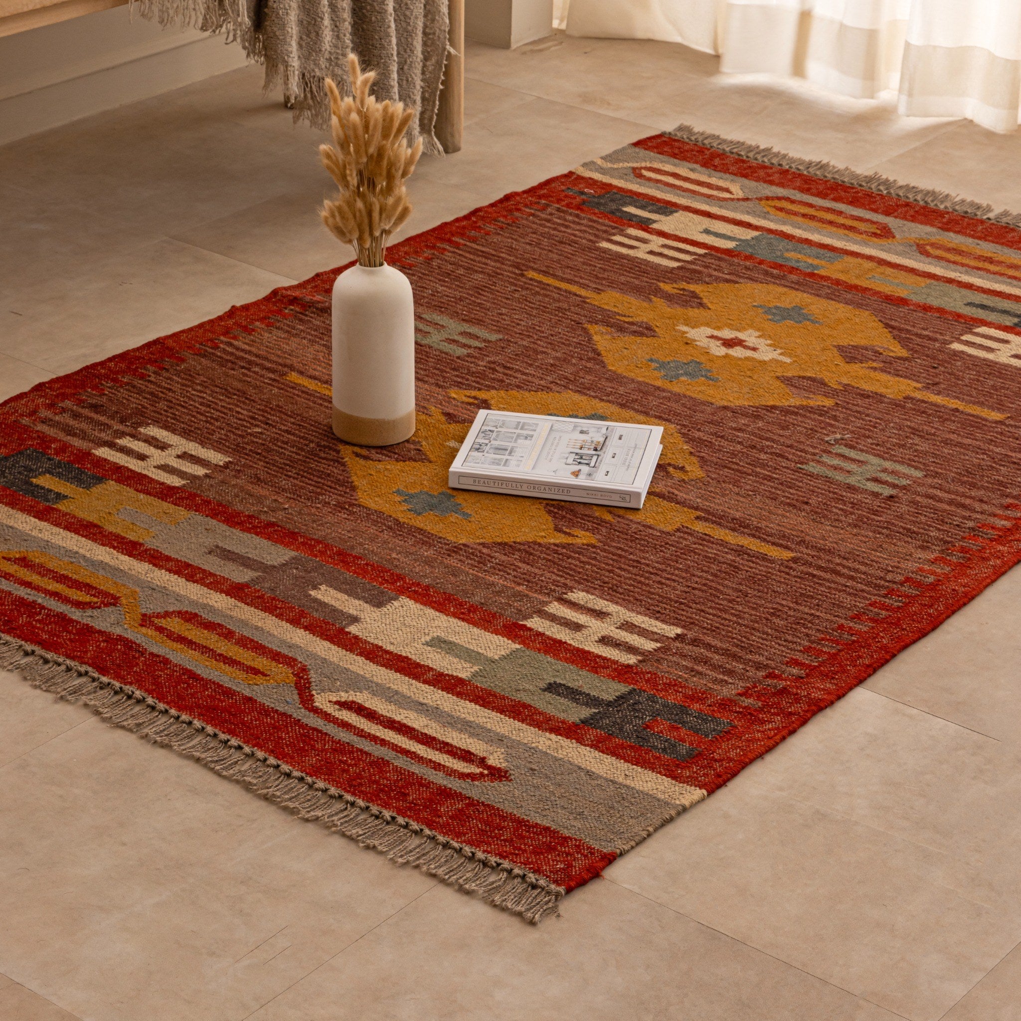 Handwoven Southwestern  Wool Jute Rug Boho Geometric Area Rug Rustic Tribal Kilim  Rug