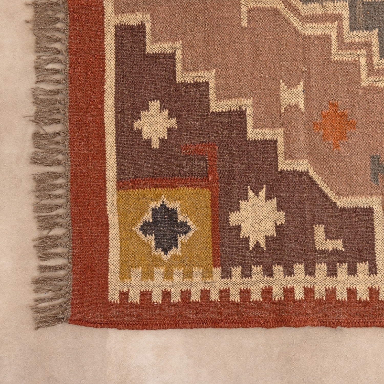 Handmade Geometric Boho Area Rug Brown Vintage Tribal Flatweave Rug for Living