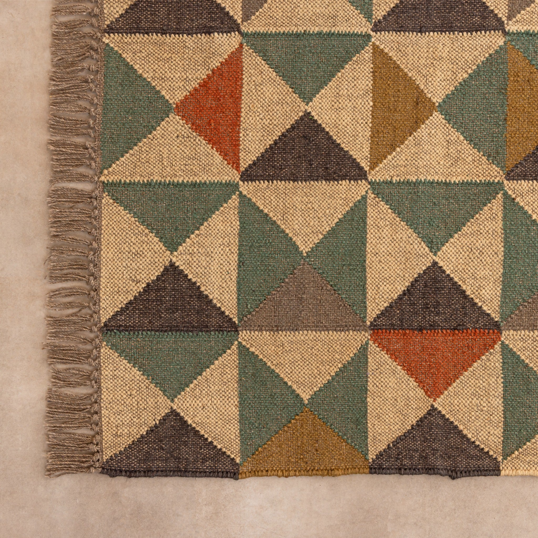 Handmade Geometric Jute Rug - Boho Tribal  Flatweave Area Rug with Fringe