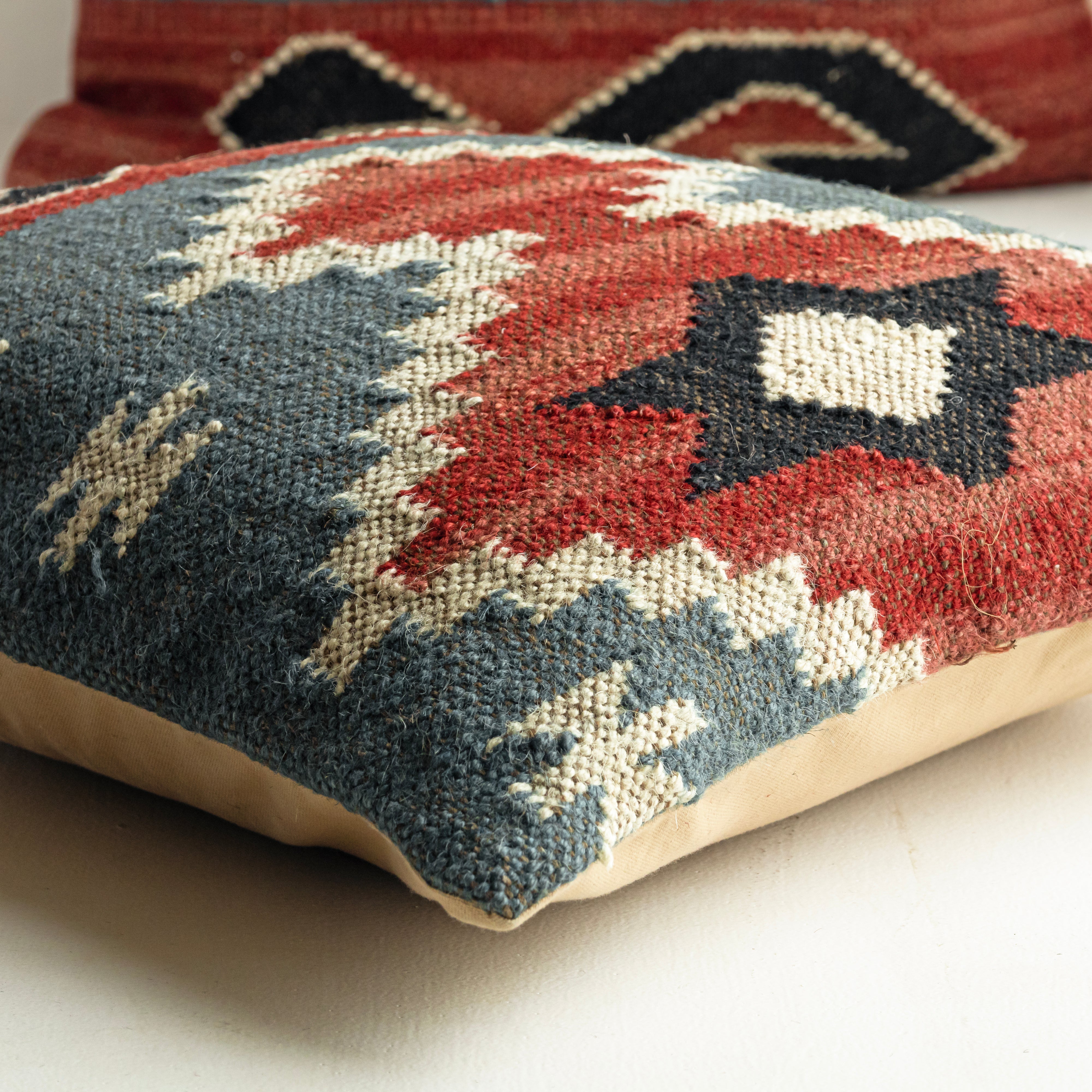 Handwoven Kilim Cushion Cover Blue & Rust Southwestern Tribal Pillow Cover