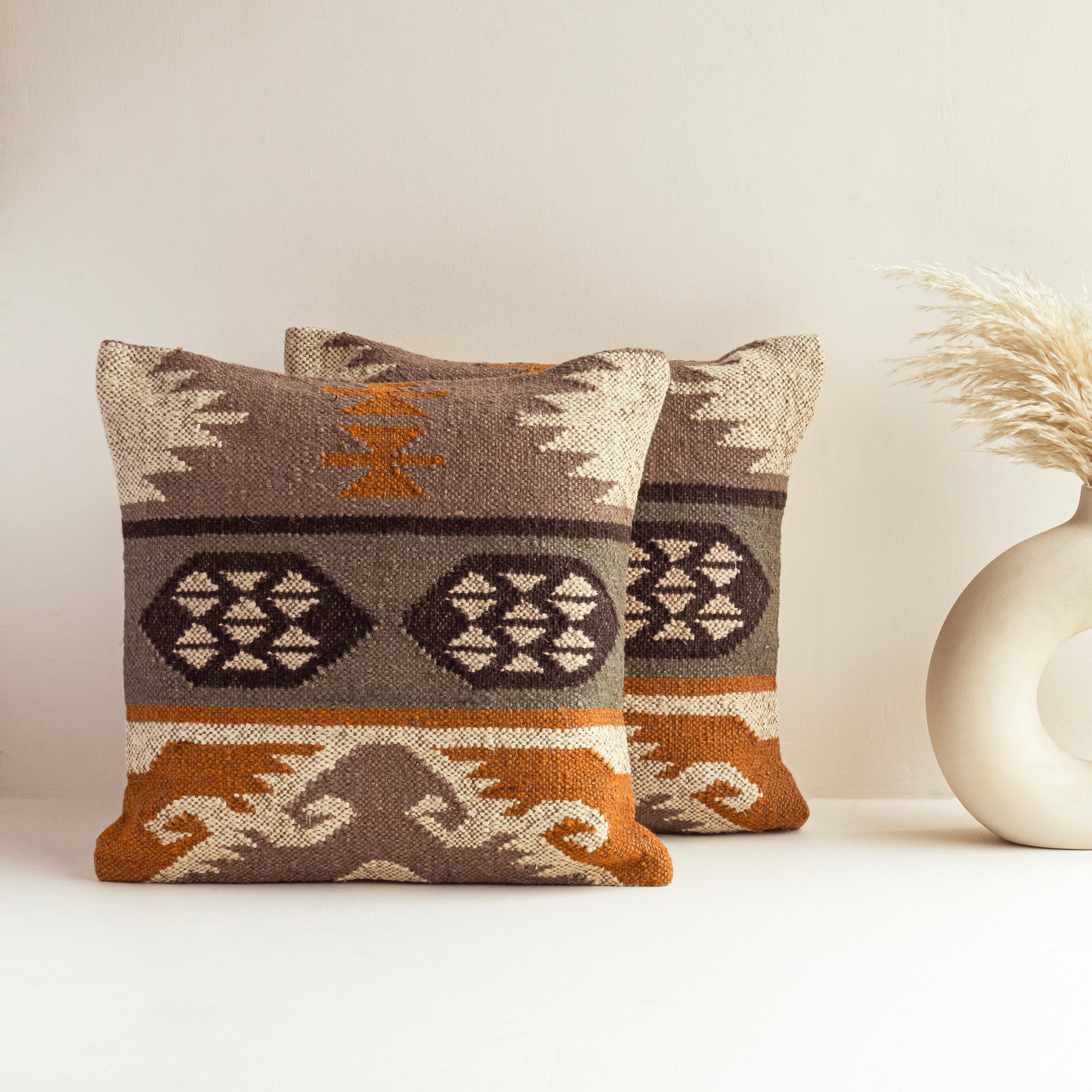 Handwoven Kilim Cushion Cover Blue & Rust Geometric Tribal Throw Pillow