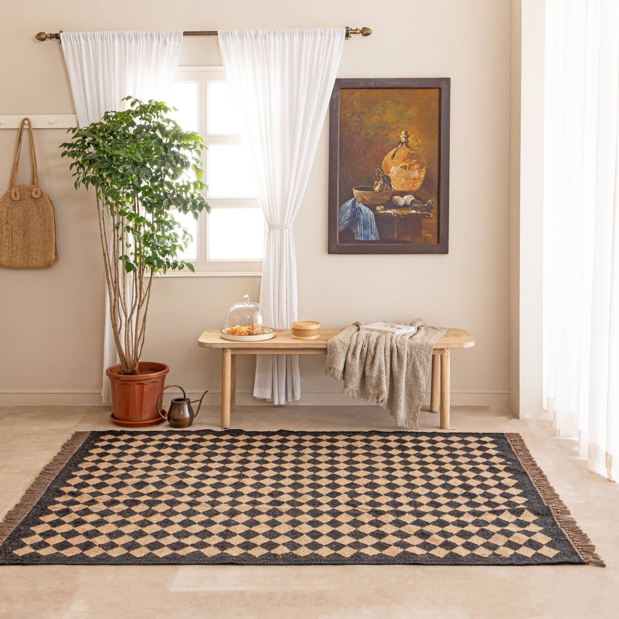 Handwoven  Black & Natural  Jute Diamond Pattern Area Rug Boho Geometric Jute Rug