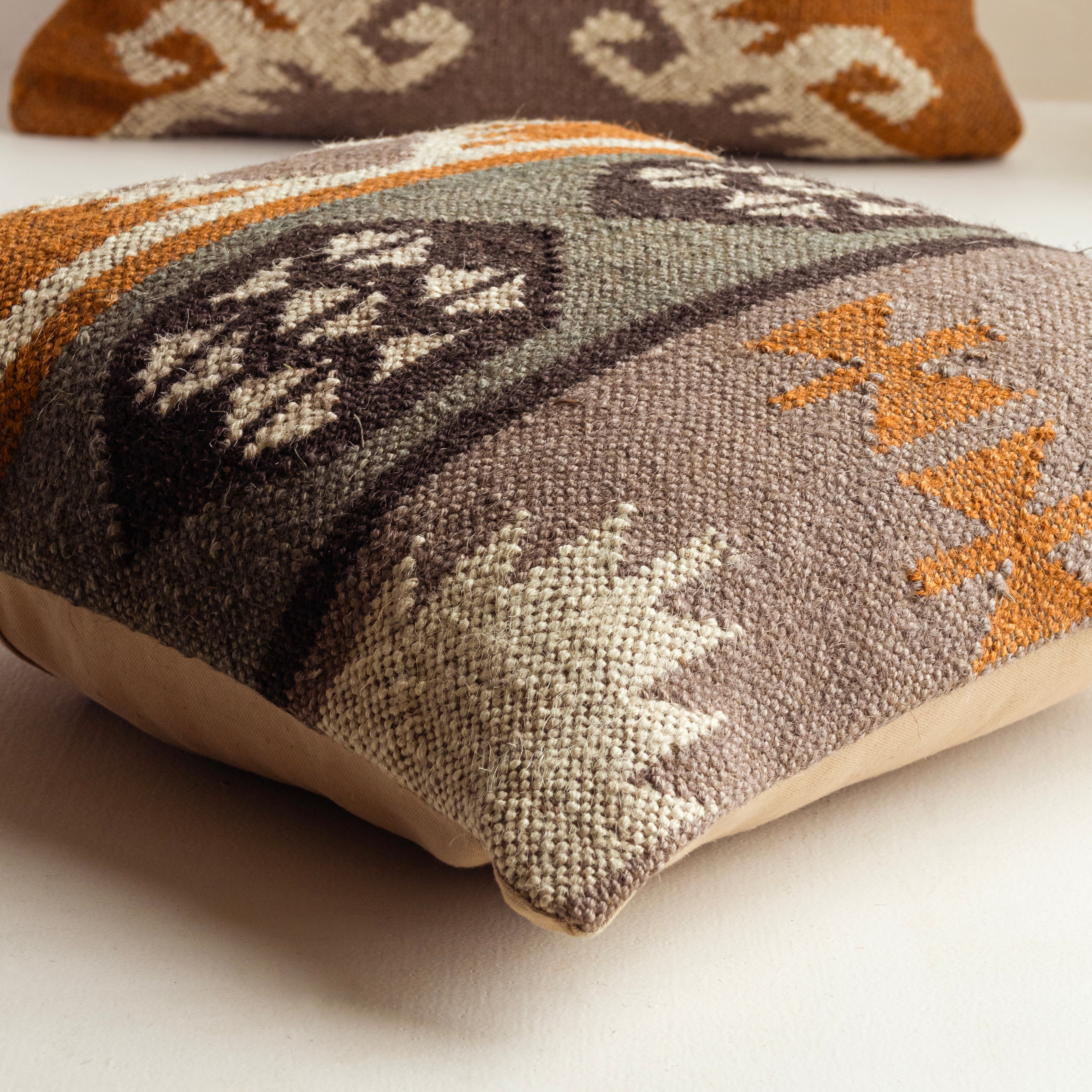 Handwoven Kilim Cushion Cover Blue & Rust Geometric Tribal Throw Pillow