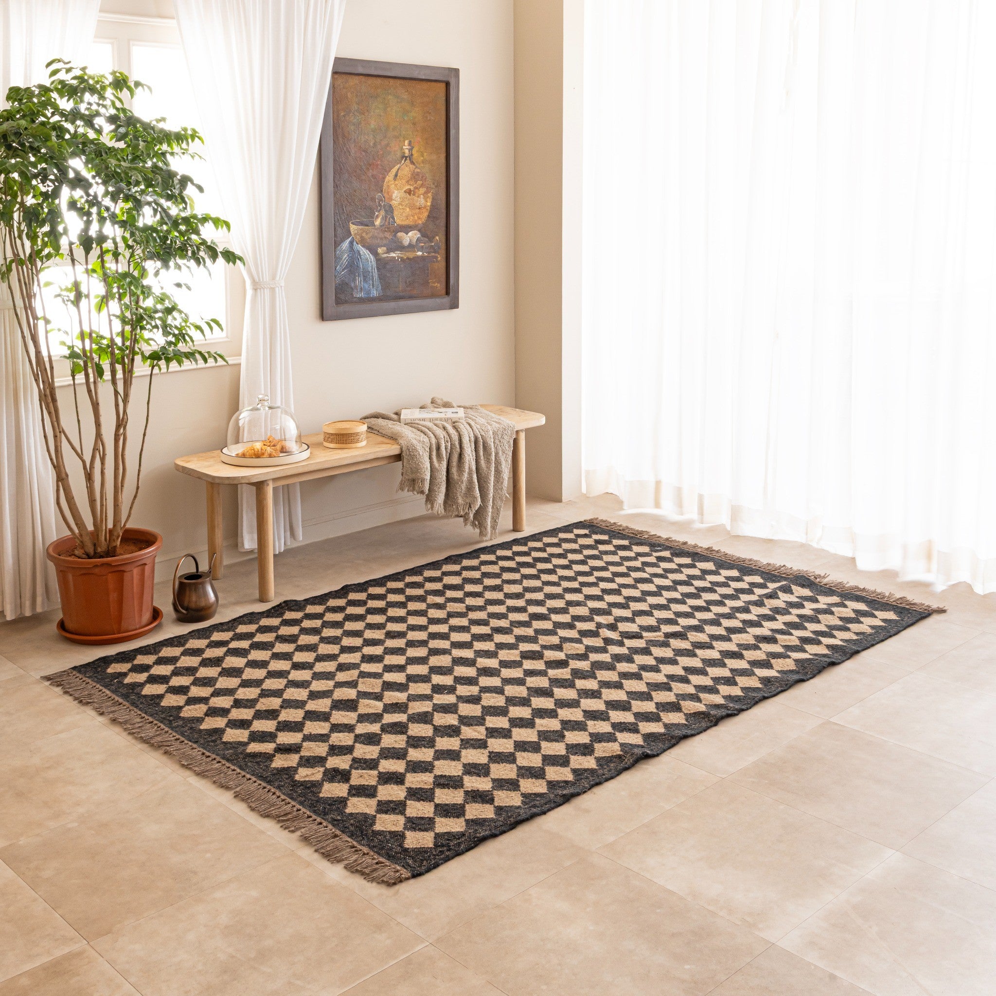 Handwoven  Black & Natural  Jute Diamond Pattern Area Rug Boho Geometric Jute Rug