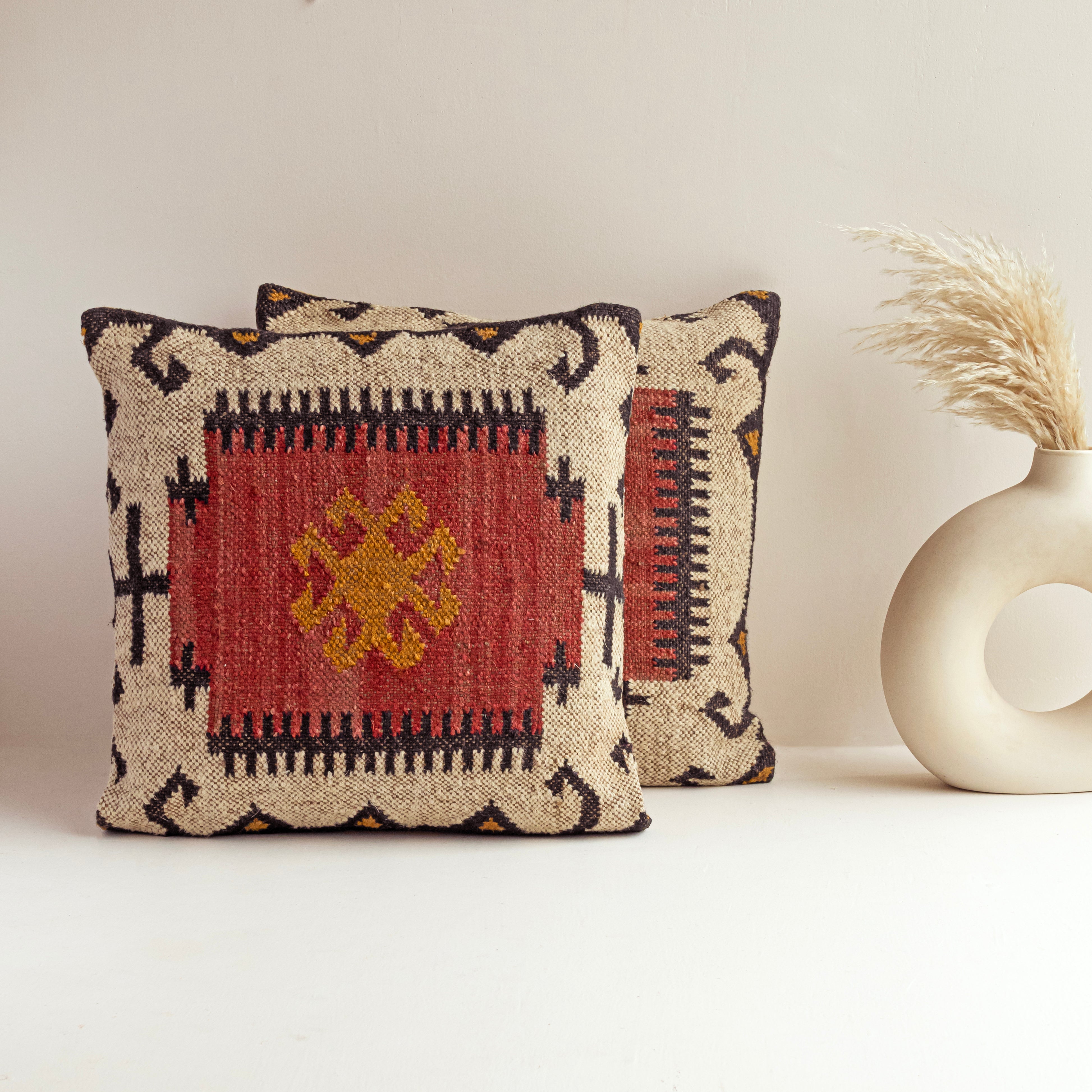Handwoven blue and rust Kilim cushion cover with geometric tribal pattern, handmade wool decorative throw pillow for boho farmhouse living room décor.