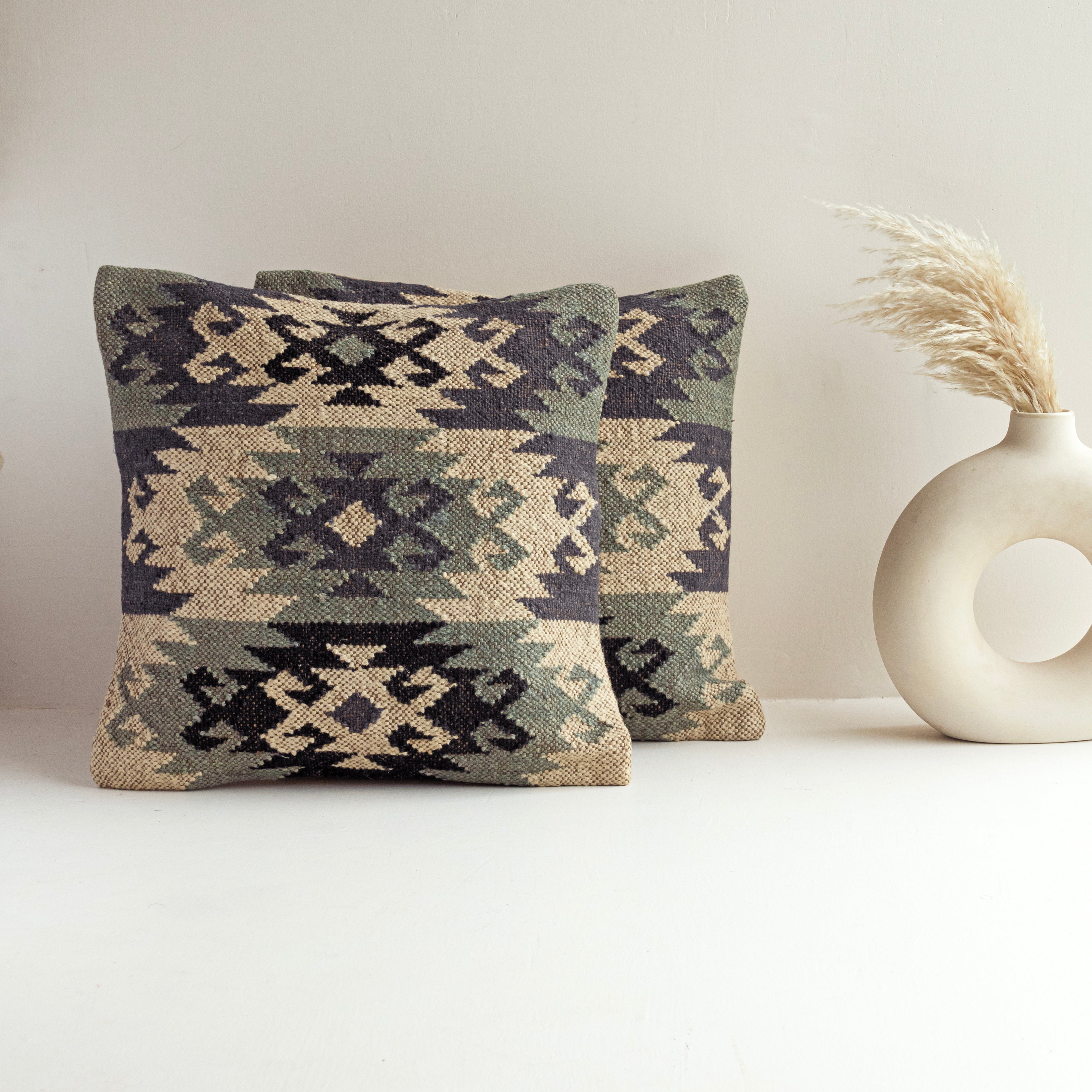 Handwoven Kilim Cushion Cover Sage Green Tribal Boho Pillow Cover