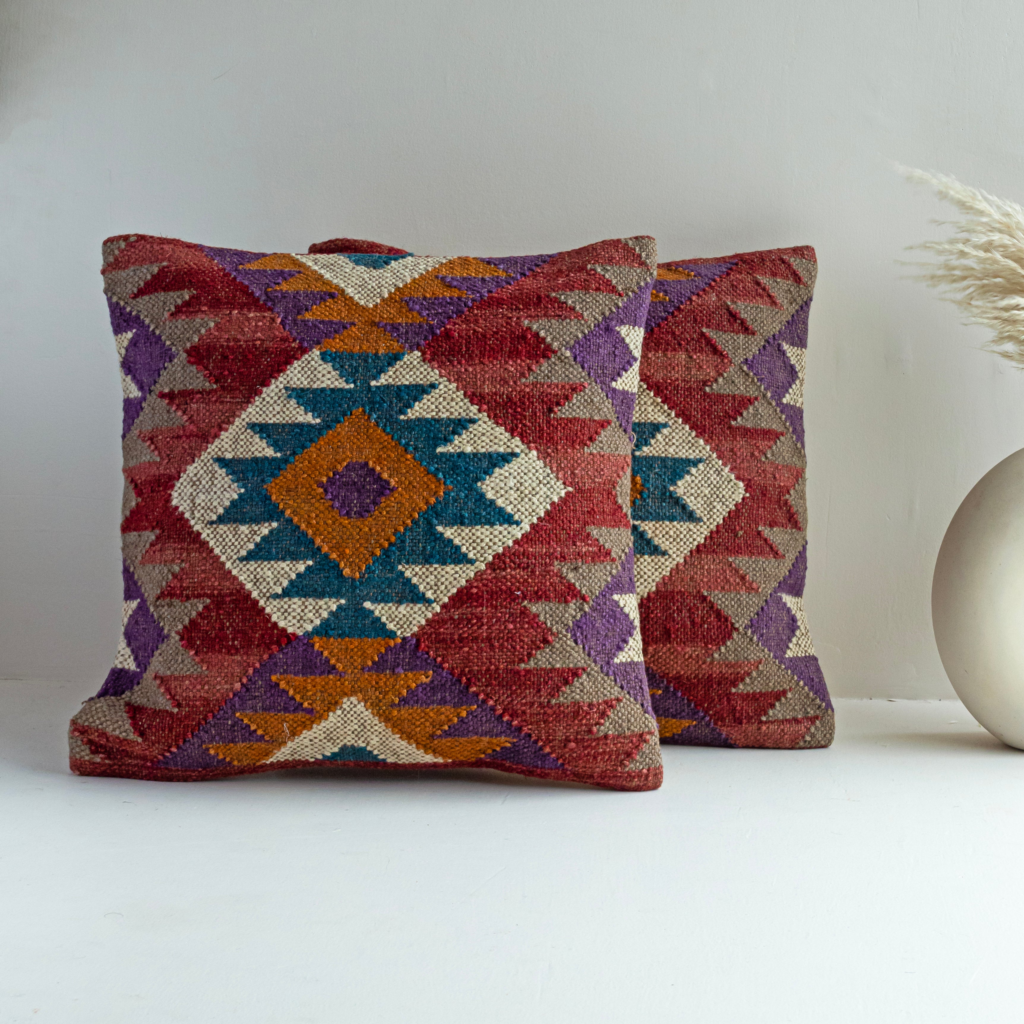 Handwoven Colorful Kilim Cushion Cover Boho Geometric Wool Throw Pillow