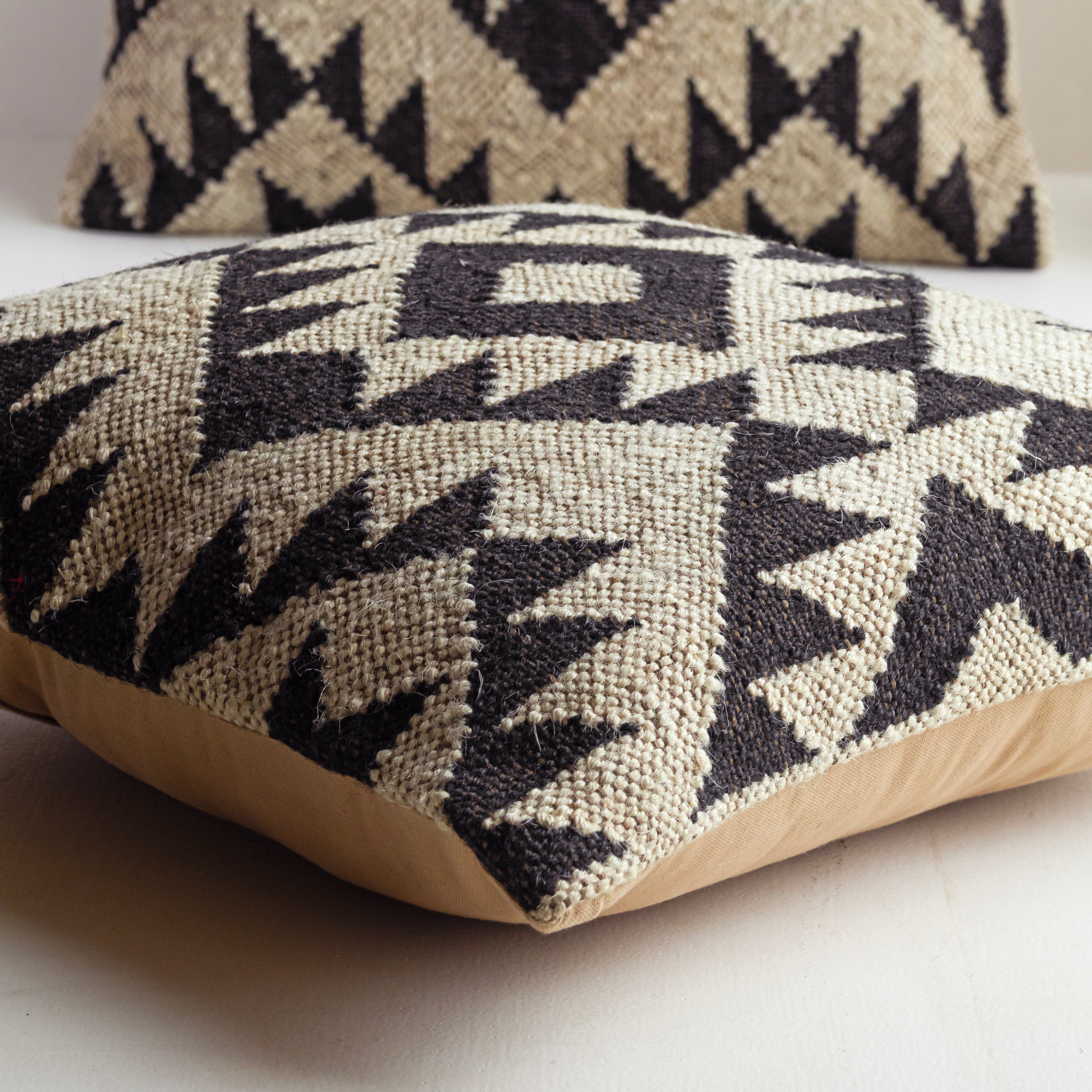Handwoven Black & Beige Kilim Cushion Cover Geometric Tribal Throw Pillow