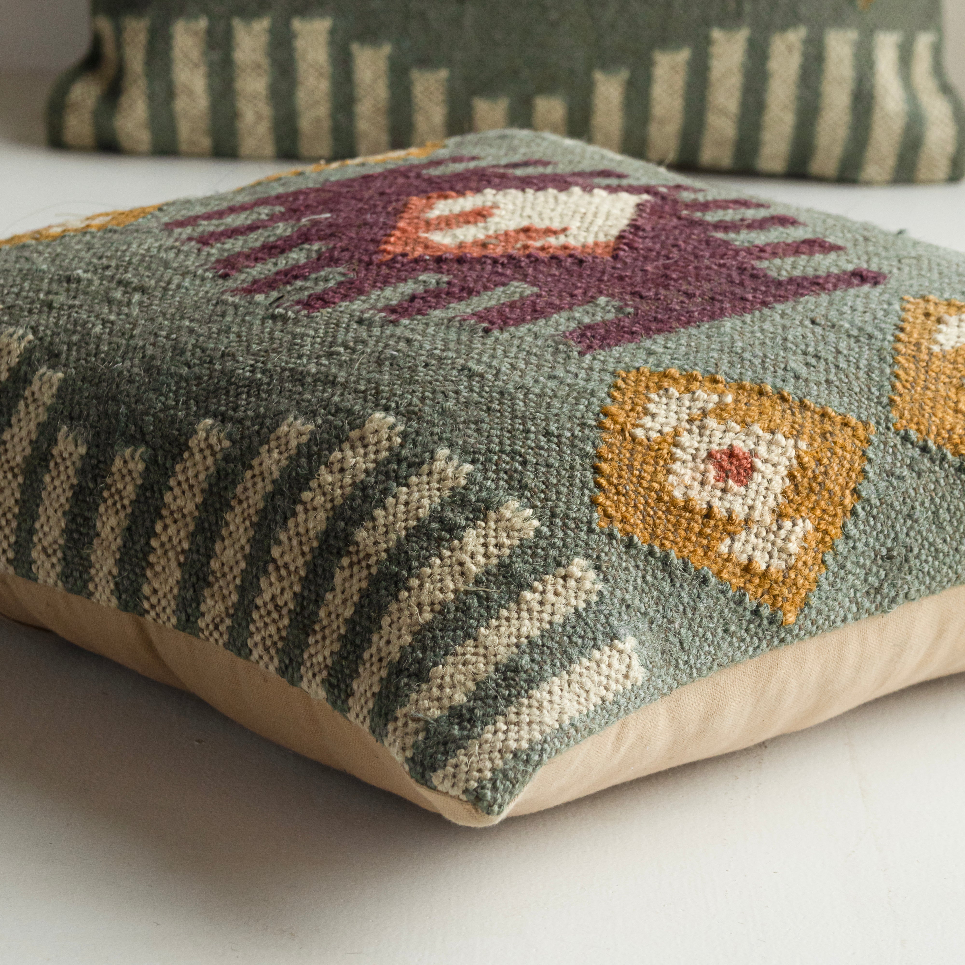 Handwoven Sage Green Kilim Cushion Cover - Geometric Wool Throw Pillow Cover