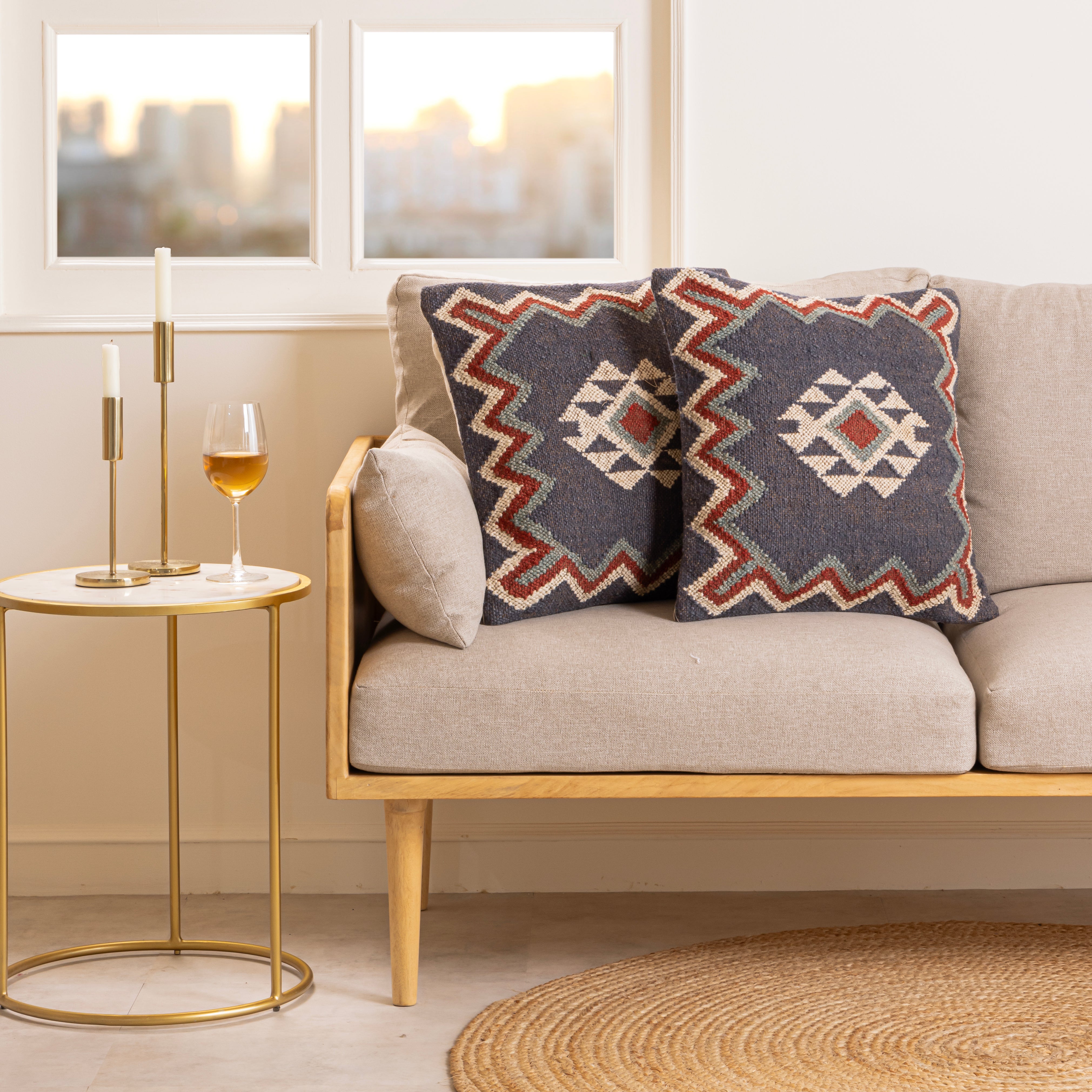Handwoven gray Southwestern Kilim wool cushion cover featuring a geometric tribal design, perfect for boho, farmhouse, rustic, and modern home décor.